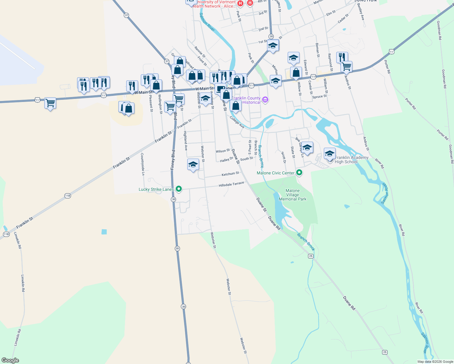 map of restaurants, bars, coffee shops, grocery stores, and more near 23 Hillsdale Terrace in Malone