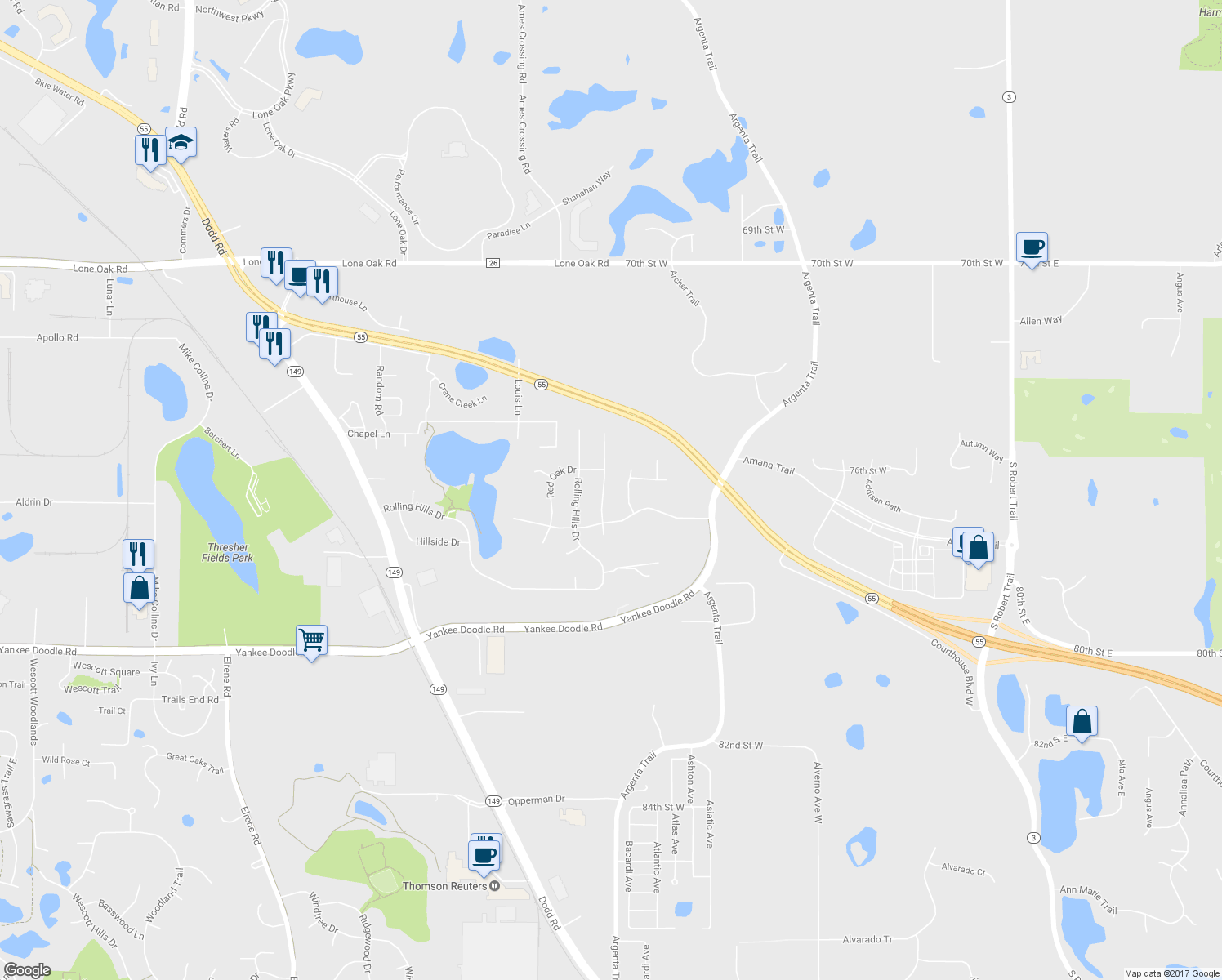 map of restaurants, bars, coffee shops, grocery stores, and more near 3238 Black Oak Drive in Eagan