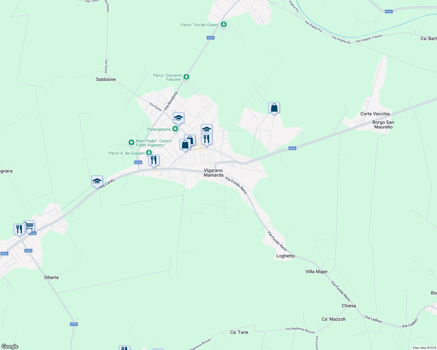 map of restaurants, bars, coffee shops, grocery stores, and more near 11 Via Fondo Reno in Vigarano Mainarda