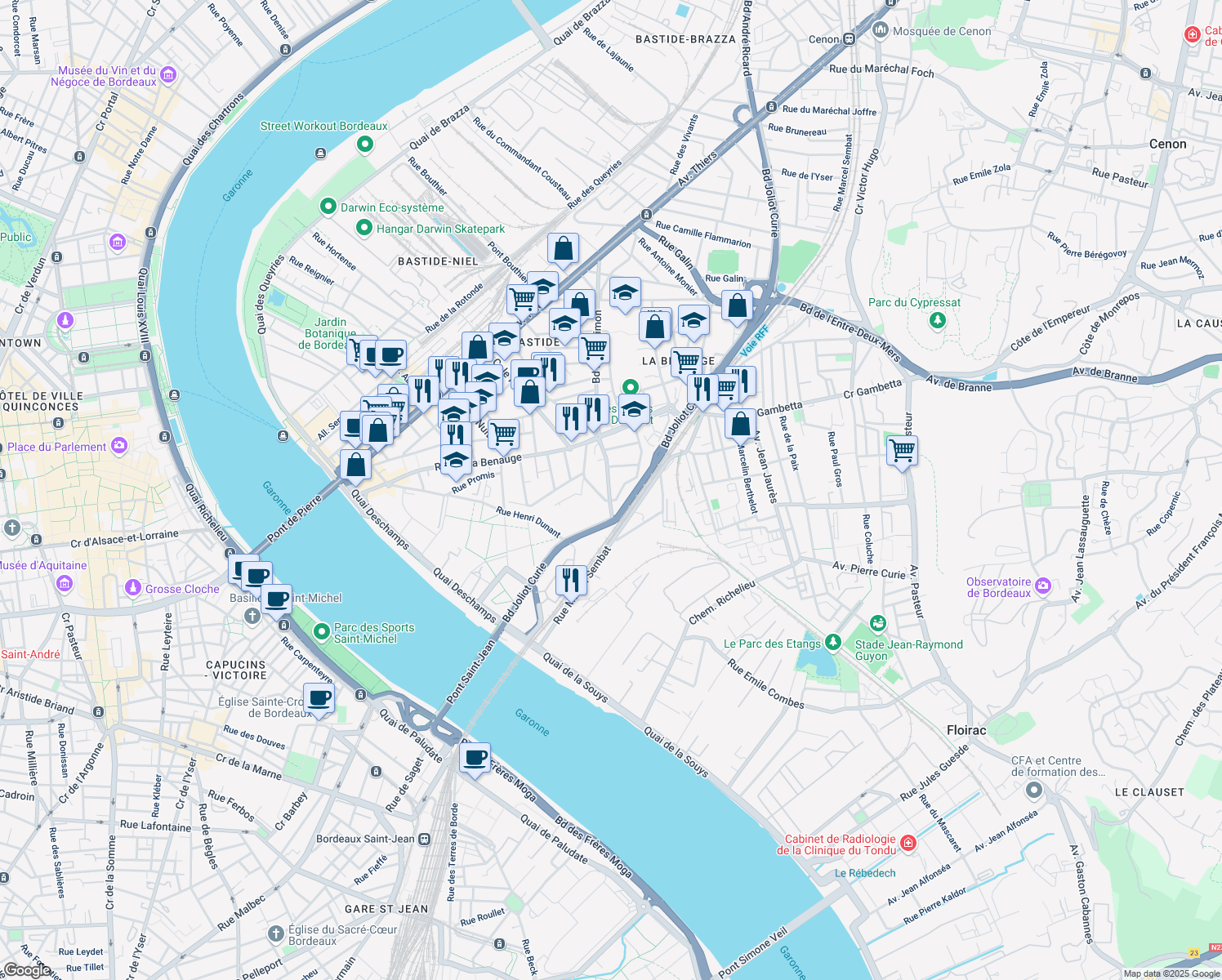 map of restaurants, bars, coffee shops, grocery stores, and more near 49 Boulevard Ludovic Trarieux in Bordeaux