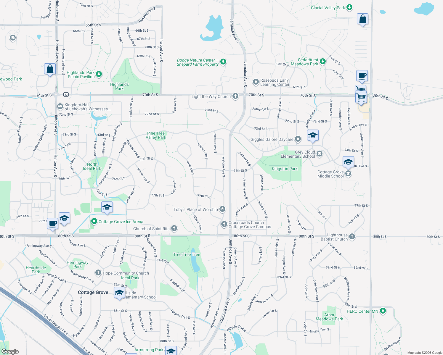 map of restaurants, bars, coffee shops, grocery stores, and more near 7558 Ivystone Avenue South in Cottage Grove