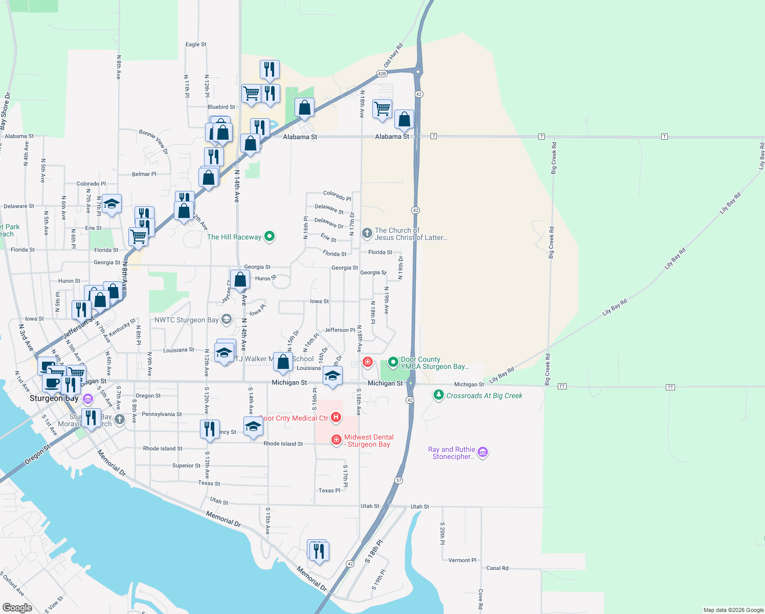 map of restaurants, bars, coffee shops, grocery stores, and more near 367 N 19th Ave in Sturgeon Bay