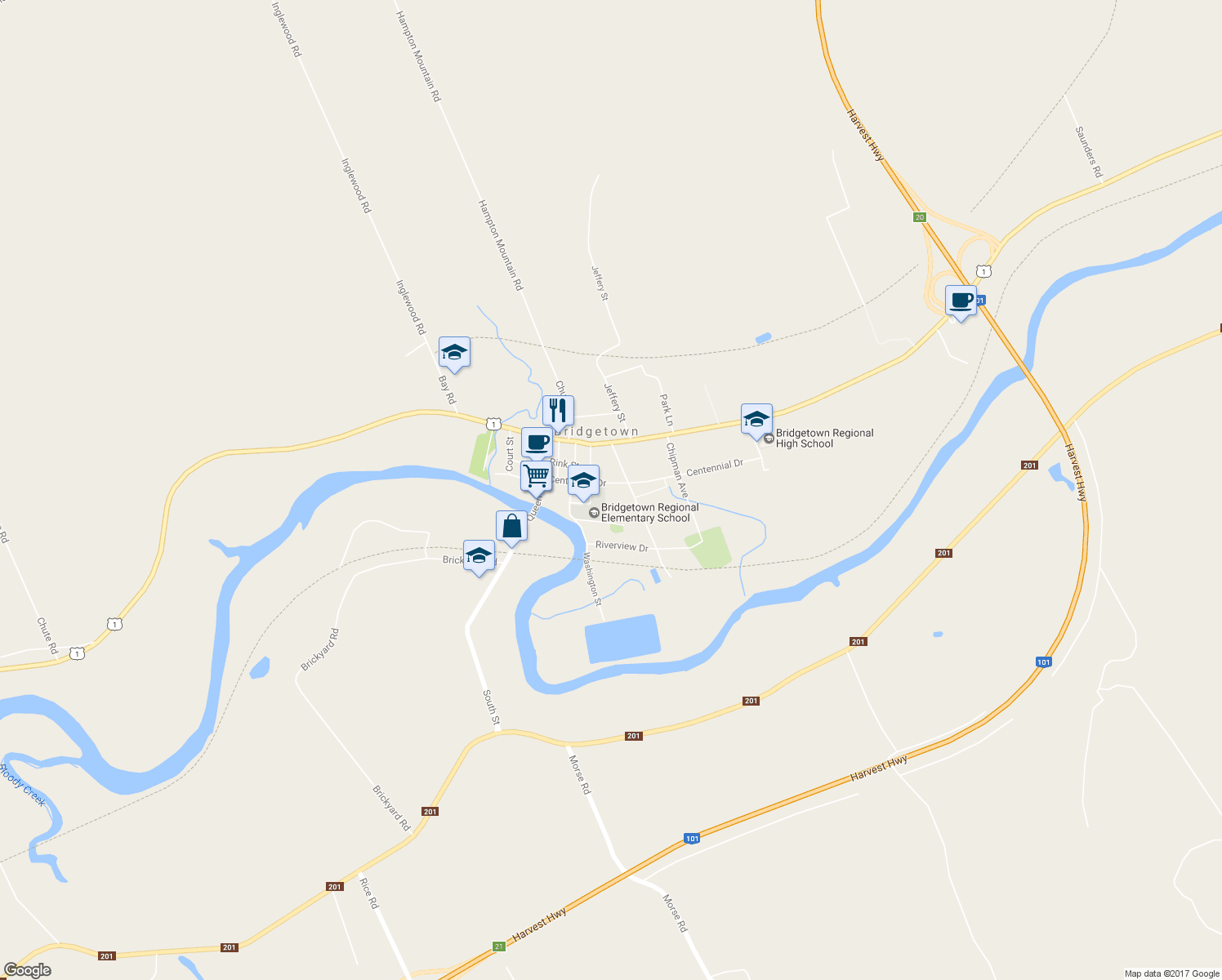 map of restaurants, bars, coffee shops, grocery stores, and more near 77 Centennial Drive in Bridgetown