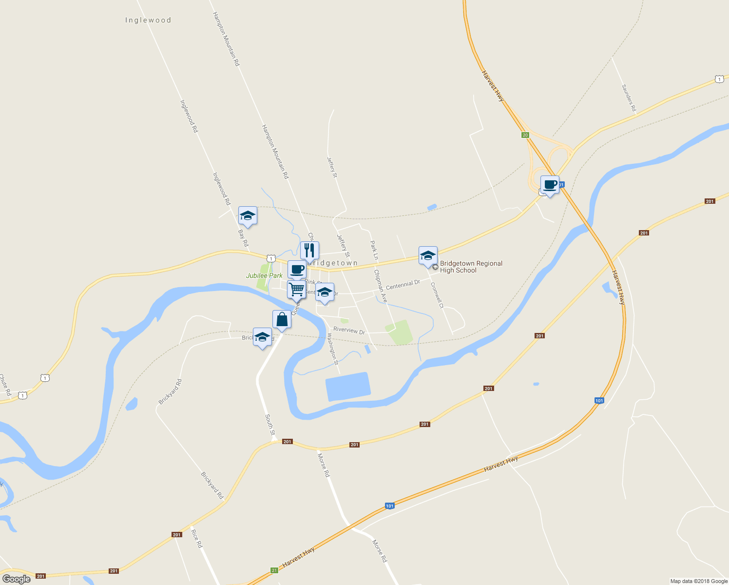 map of restaurants, bars, coffee shops, grocery stores, and more near 122 Centennial Drive in Bridgetown