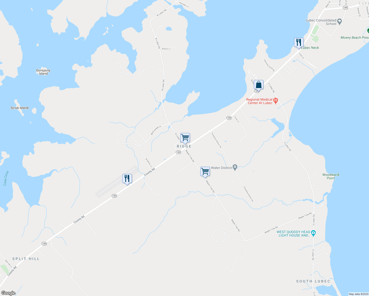 map of restaurants, bars, coffee shops, grocery stores, and more near 218 County Road in Lubec