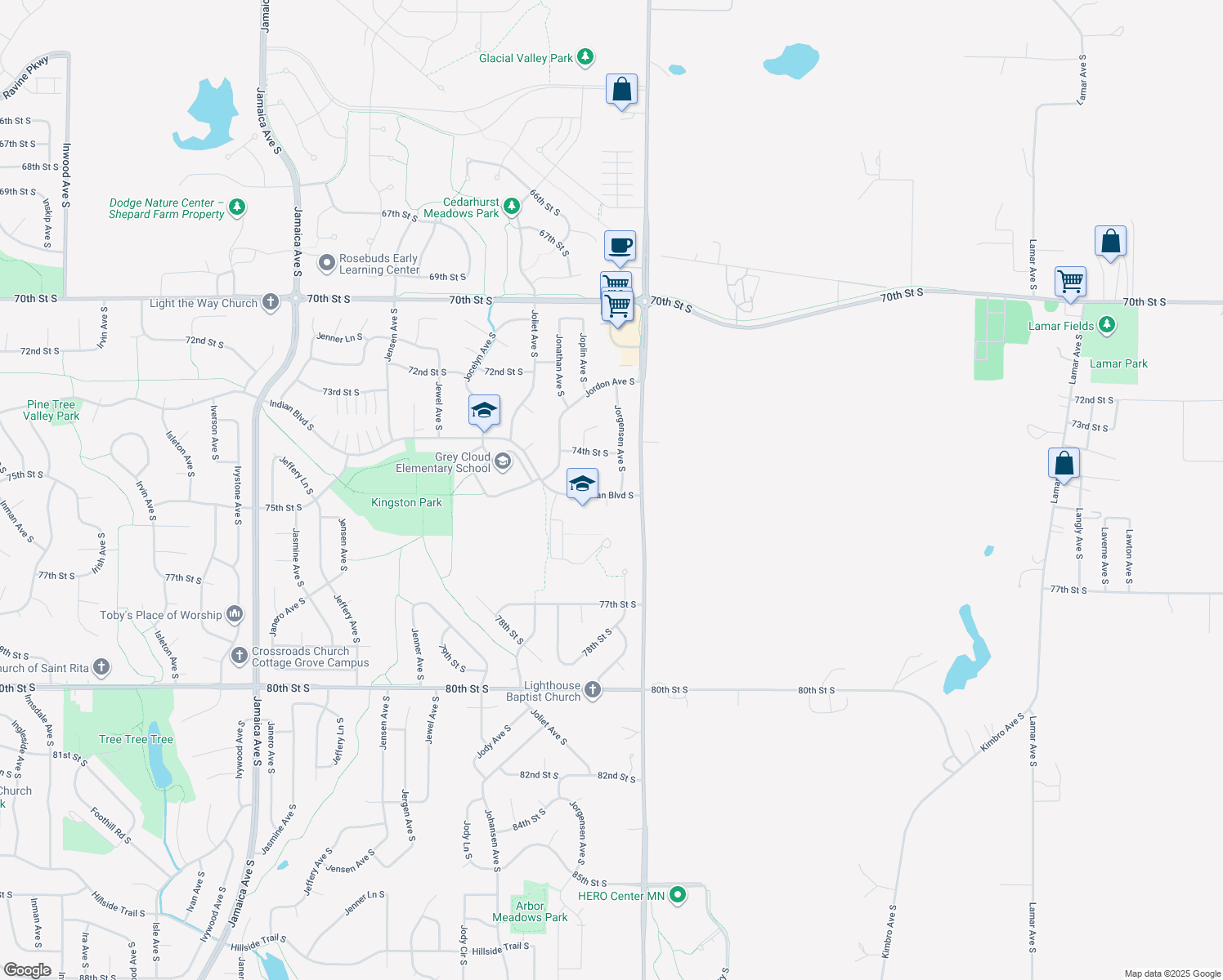map of restaurants, bars, coffee shops, grocery stores, and more near 7490 Jorgensen Avenue South in Cottage Grove