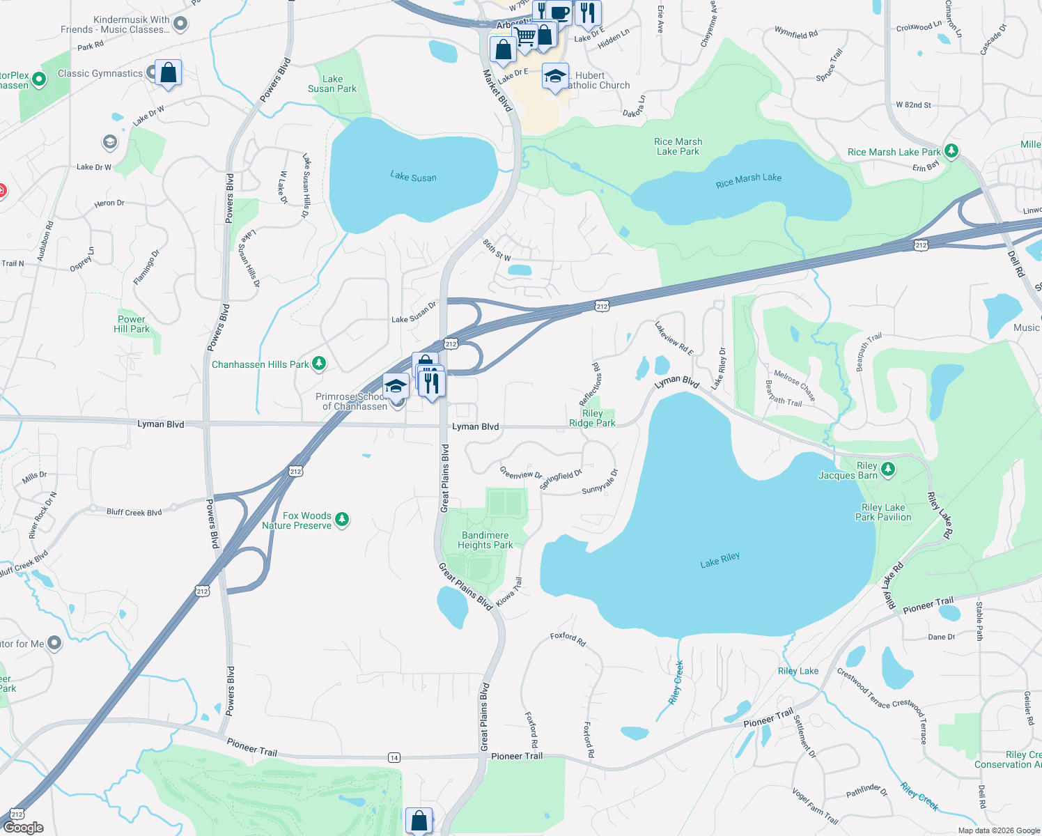 map of restaurants, bars, coffee shops, grocery stores, and more near 500 Lyman Boulevard in Chanhassen
