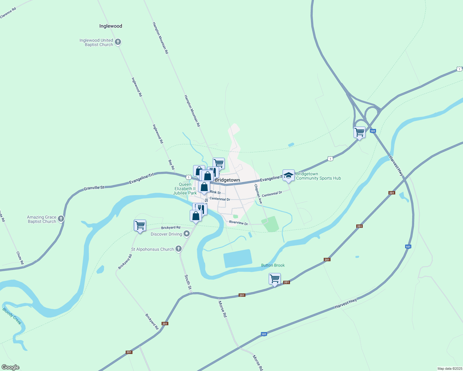 map of restaurants, bars, coffee shops, grocery stores, and more near 5 Rectory Street in Bridgetown