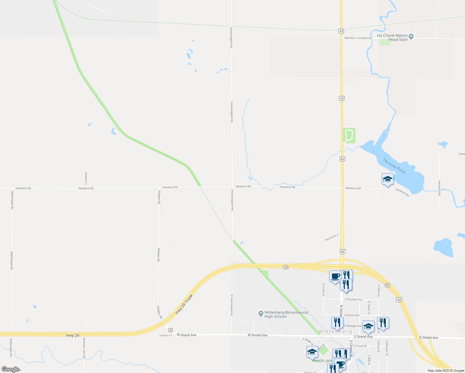 map of restaurants, bars, coffee shops, grocery stores, and more near Hummingbird Road in Wittenberg