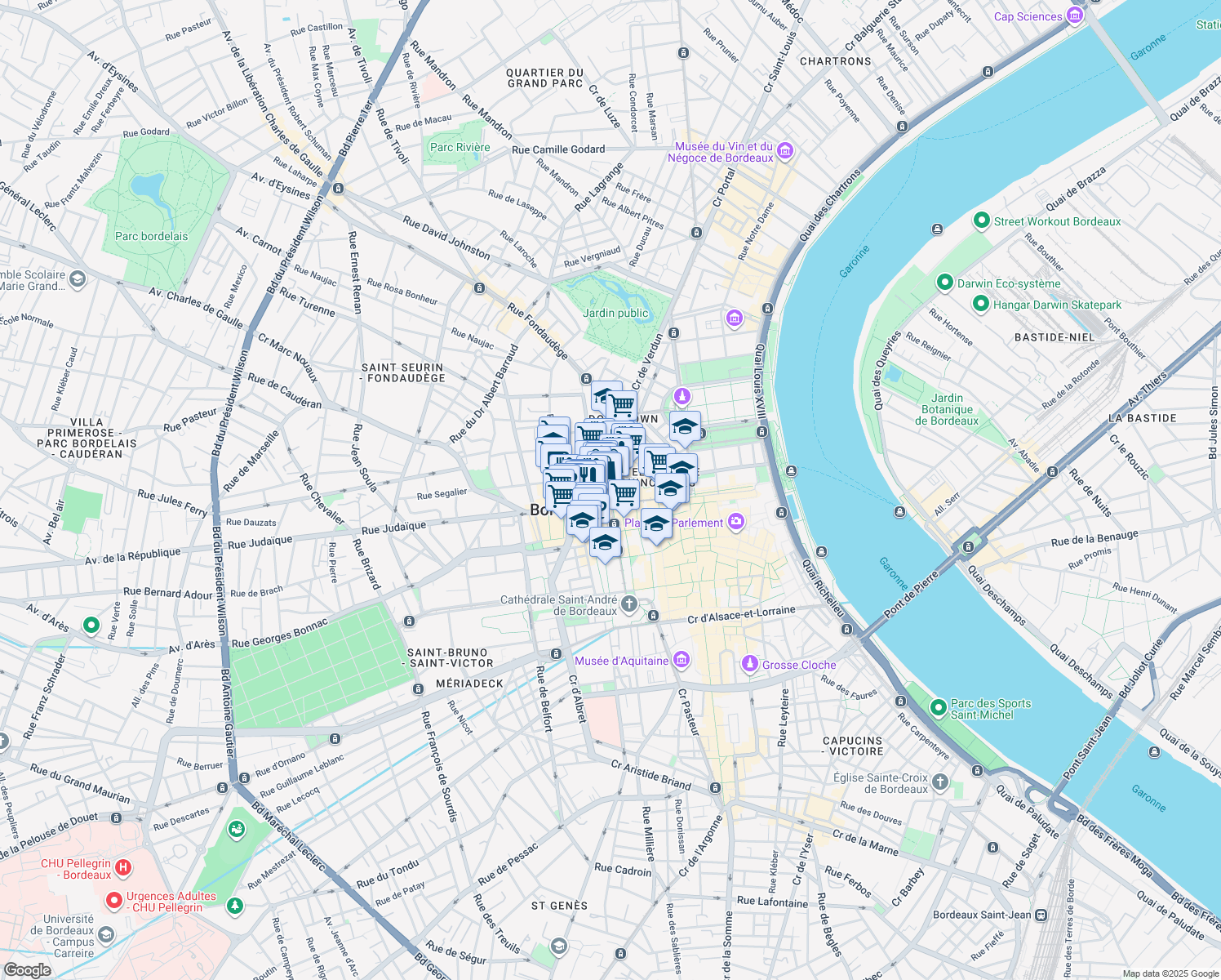 map of restaurants, bars, coffee shops, grocery stores, and more near 10 Rue Montesquieu in Bordeaux
