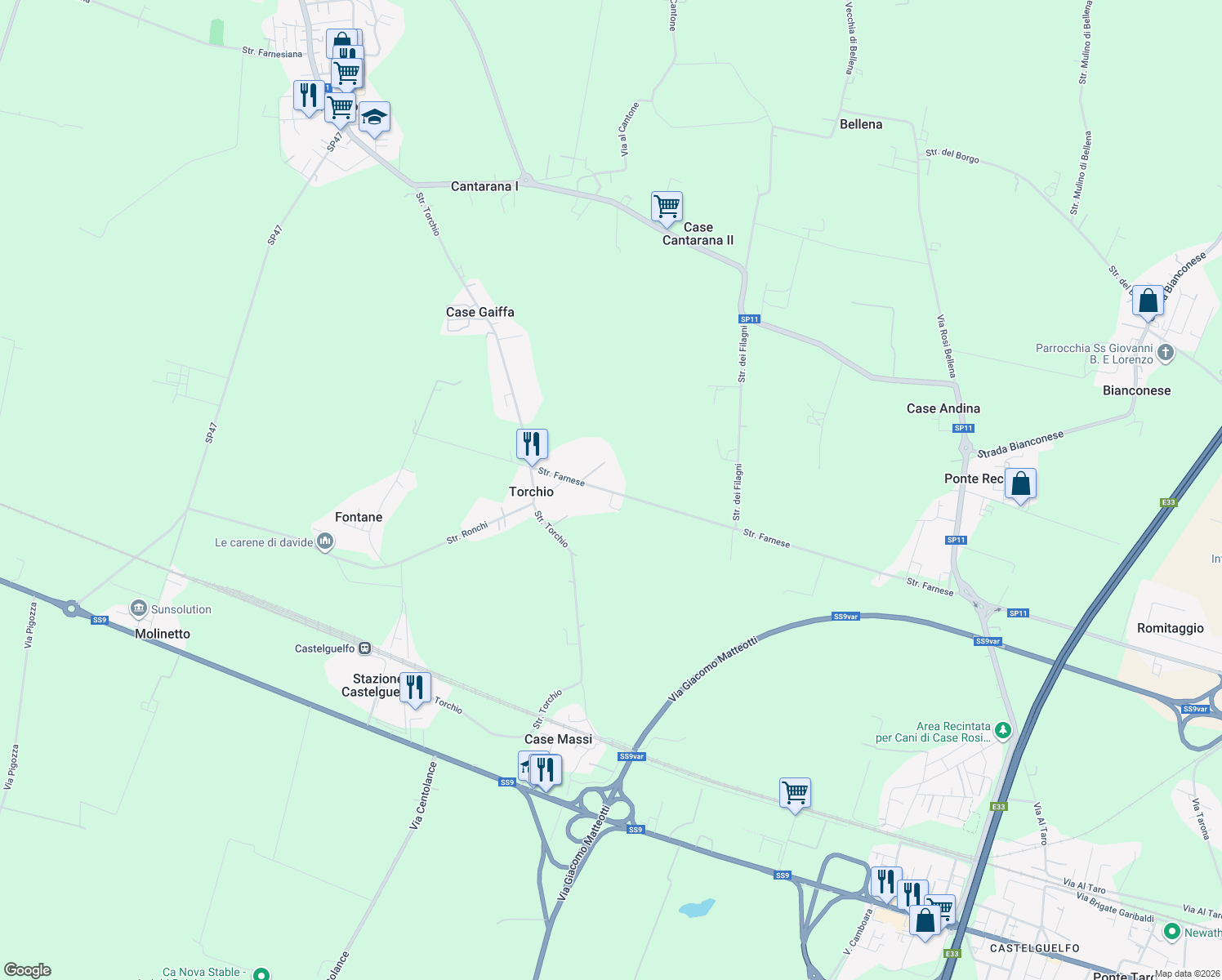 map of restaurants, bars, coffee shops, grocery stores, and more near 3 Strada Farnese in Provincia di Parma