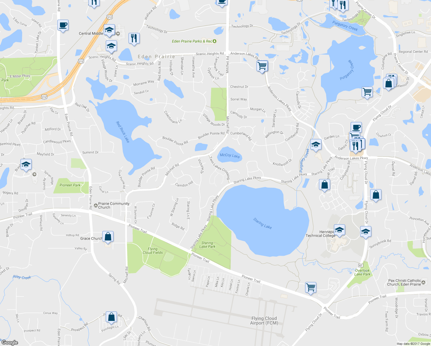 map of restaurants, bars, coffee shops, grocery stores, and more near 8909 Hilloway Road in Eden Prairie