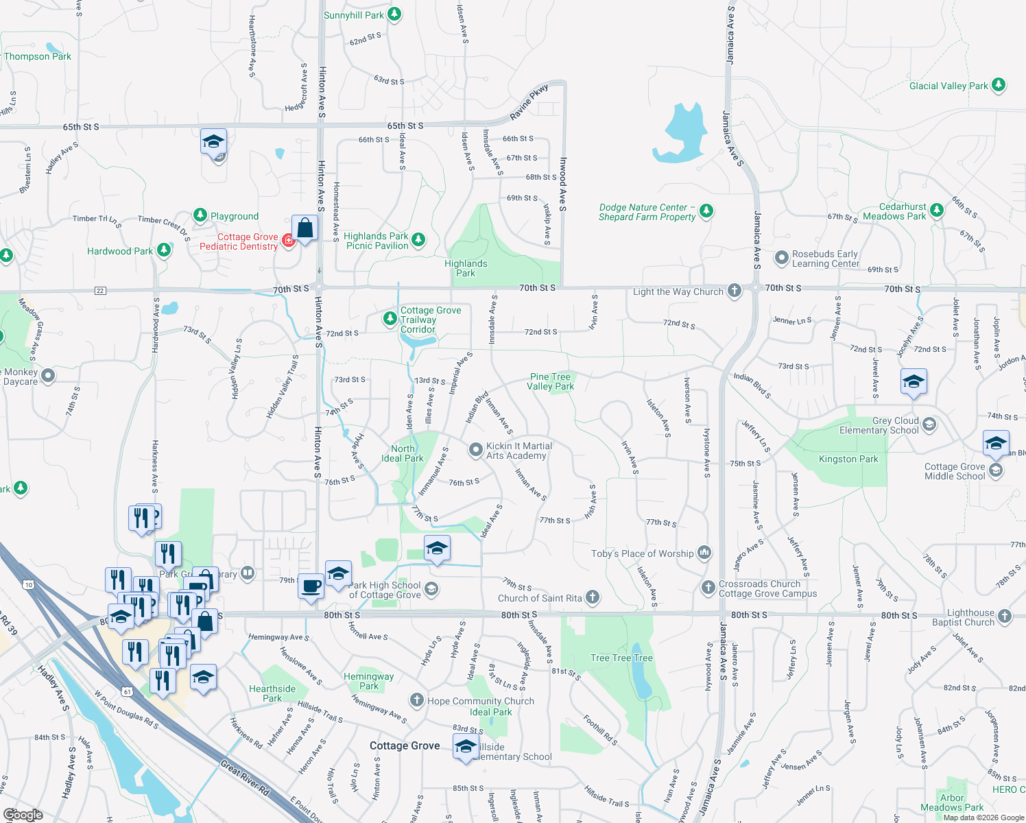 map of restaurants, bars, coffee shops, grocery stores, and more near 7358 Innsdale Avenue South in Cottage Grove