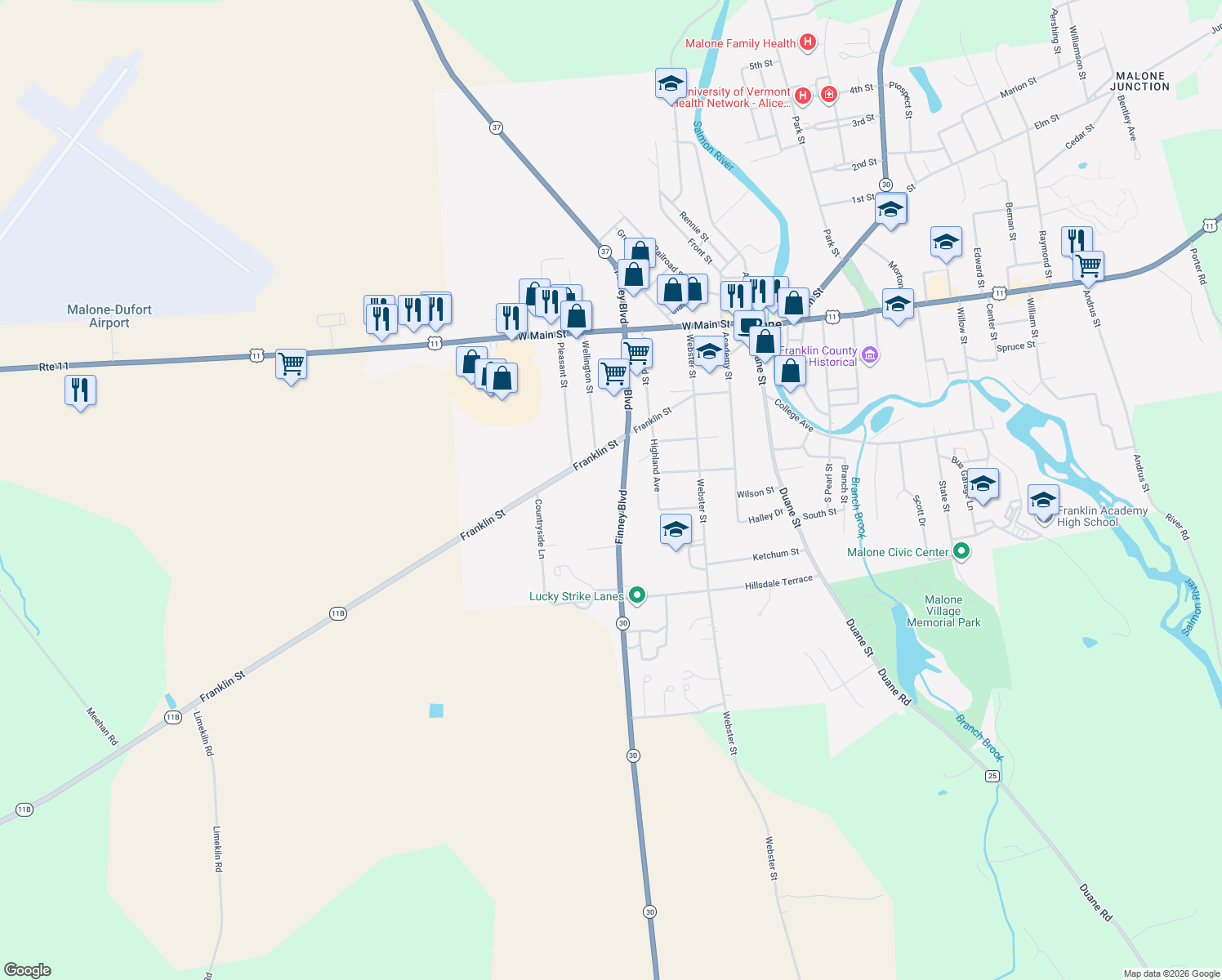 map of restaurants, bars, coffee shops, grocery stores, and more near 97 Finney Blvd in Malone