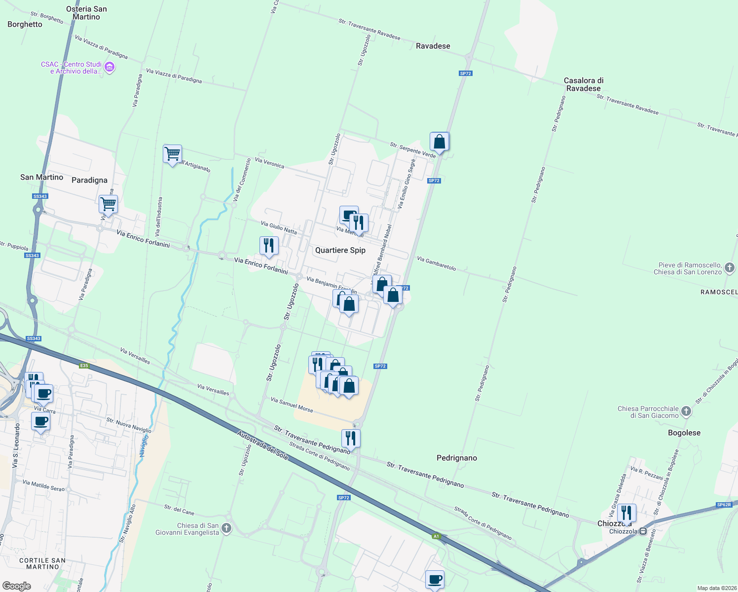 map of restaurants, bars, coffee shops, grocery stores, and more near in Quartiere Spip