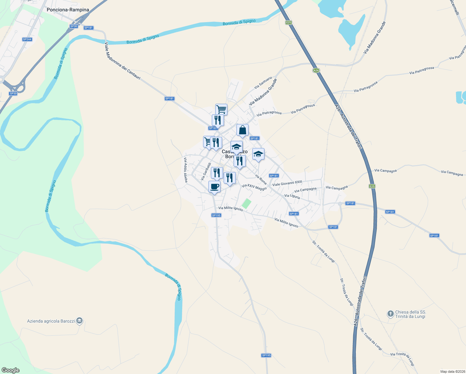 map of restaurants, bars, coffee shops, grocery stores, and more near 75 Spalto Vittorio Veneto in Castellazzo Bormida