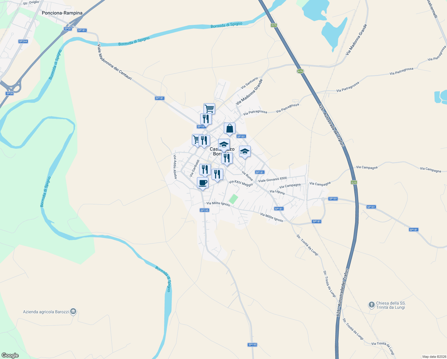 map of restaurants, bars, coffee shops, grocery stores, and more near 75 Spalto Vittorio Veneto in Castellazzo Bormida