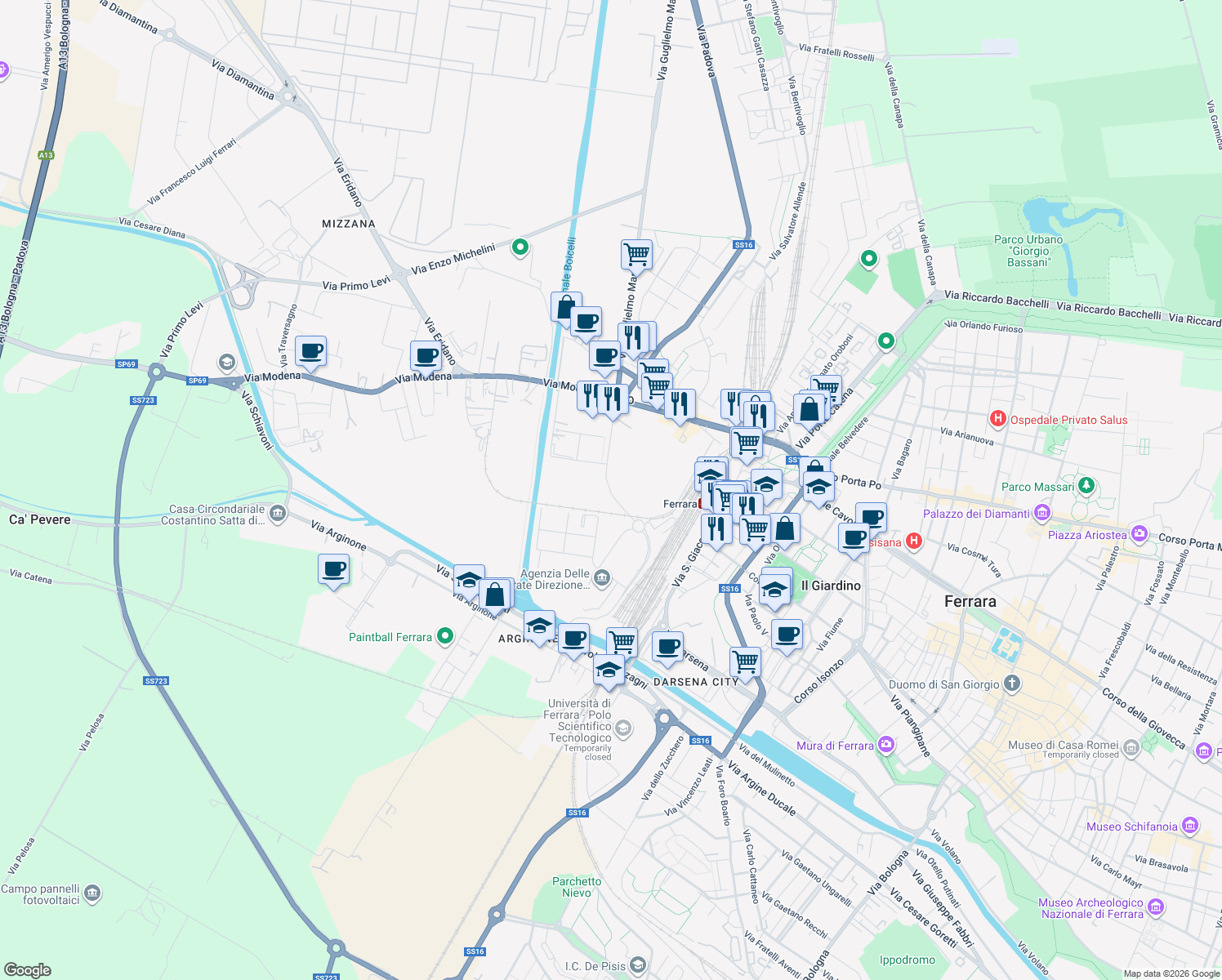map of restaurants, bars, coffee shops, grocery stores, and more near 40 Via del Lavoro in Ferrara
