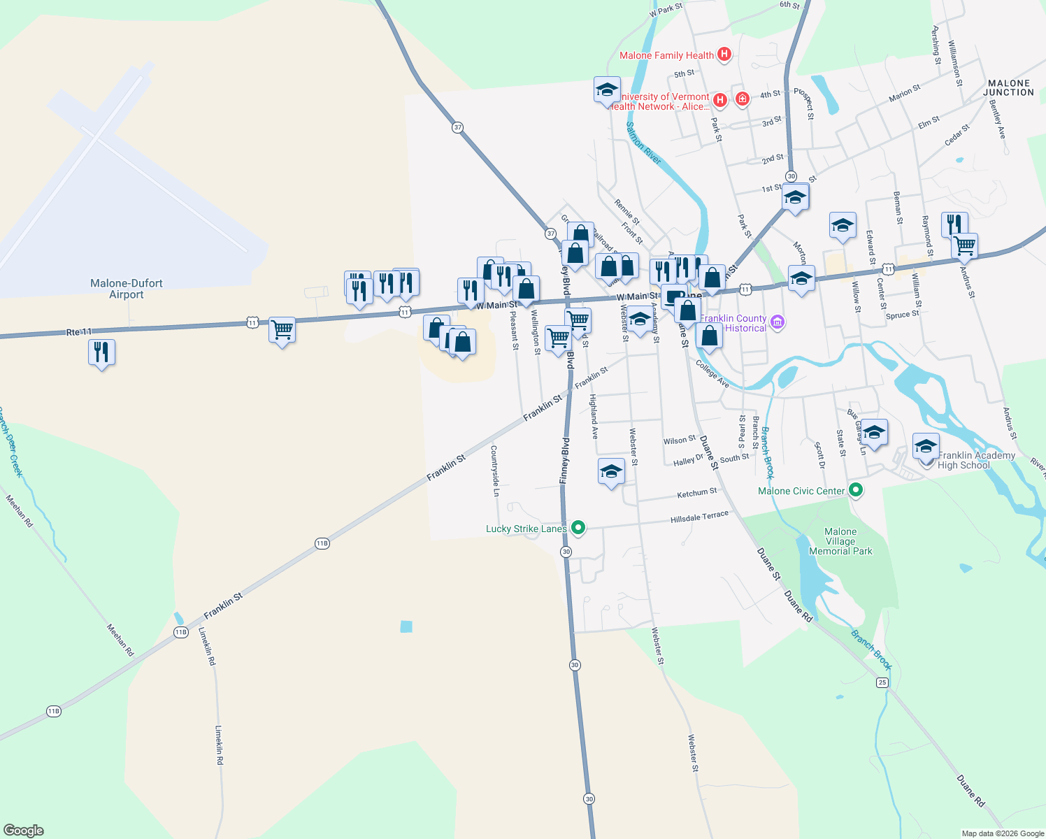 map of restaurants, bars, coffee shops, grocery stores, and more near Franklin Street & Pleasant Street in Malone