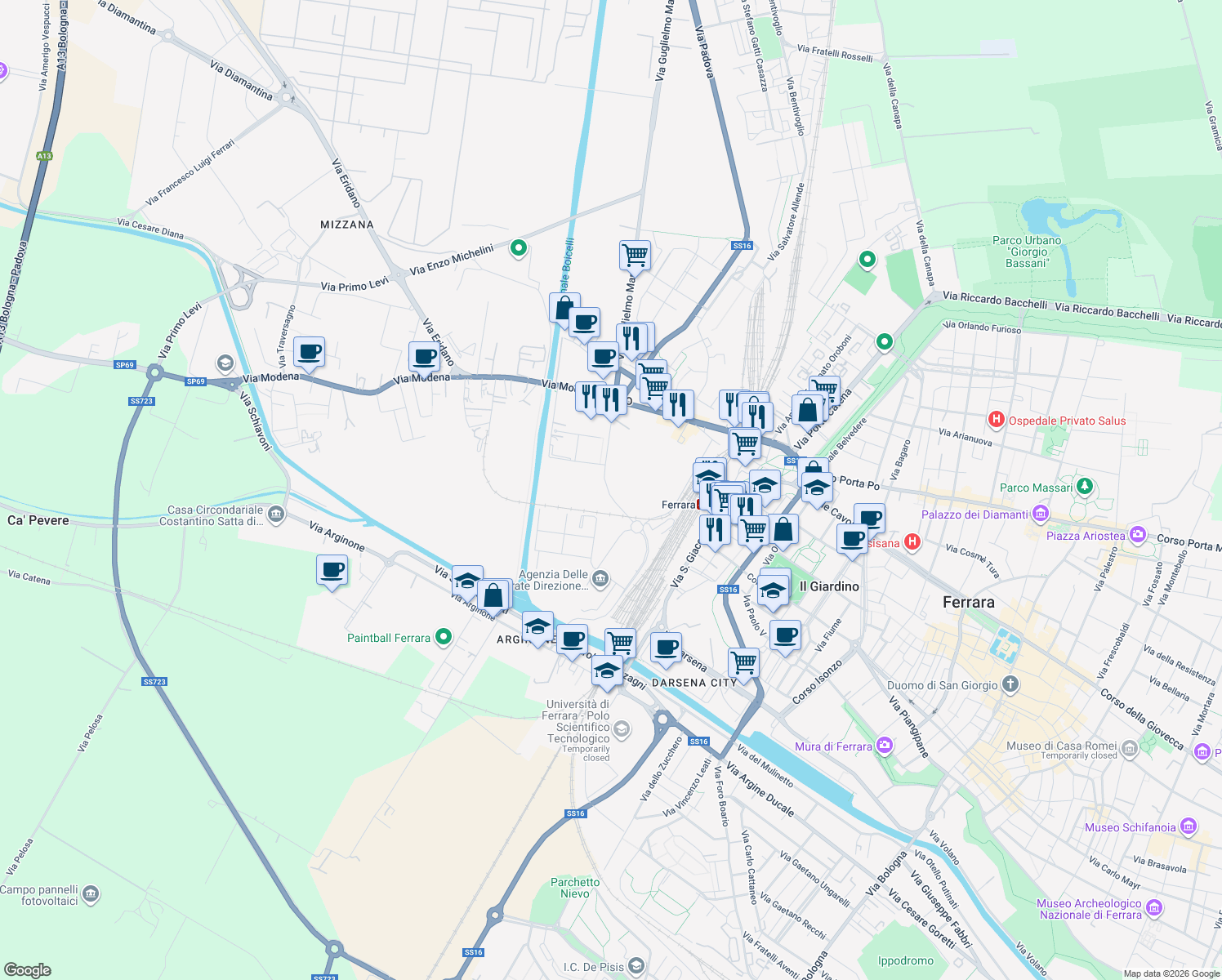 map of restaurants, bars, coffee shops, grocery stores, and more near 40 Via del Lavoro in Ferrara