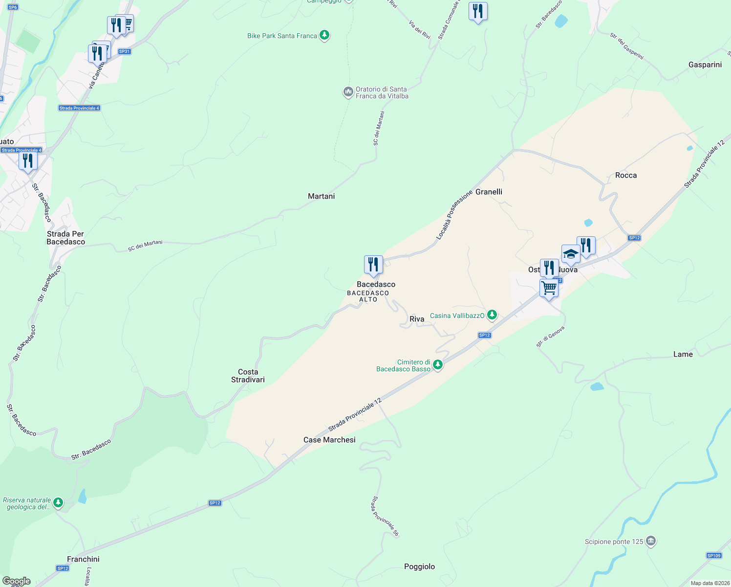map of restaurants, bars, coffee shops, grocery stores, and more near 1 Località Bacedasco Alto in Bacedasco