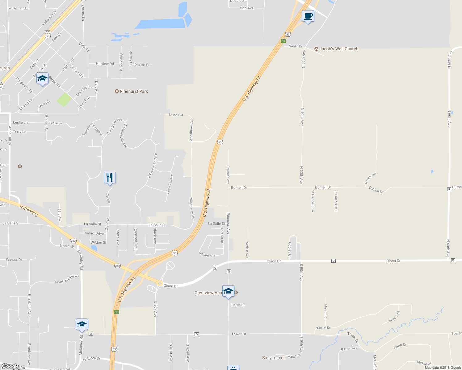 map of restaurants, bars, coffee shops, grocery stores, and more near 4502 Burnell Drive in Eau Claire