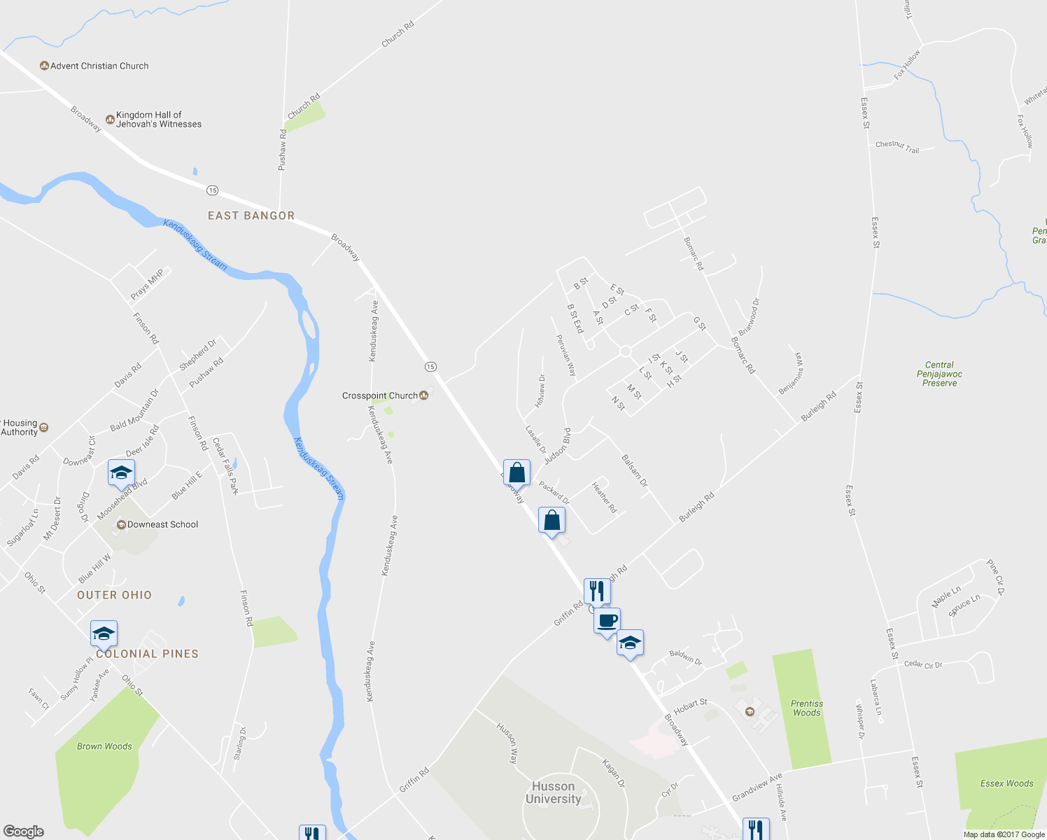map of restaurants, bars, coffee shops, grocery stores, and more near 106 Lasalle Drive in Bangor