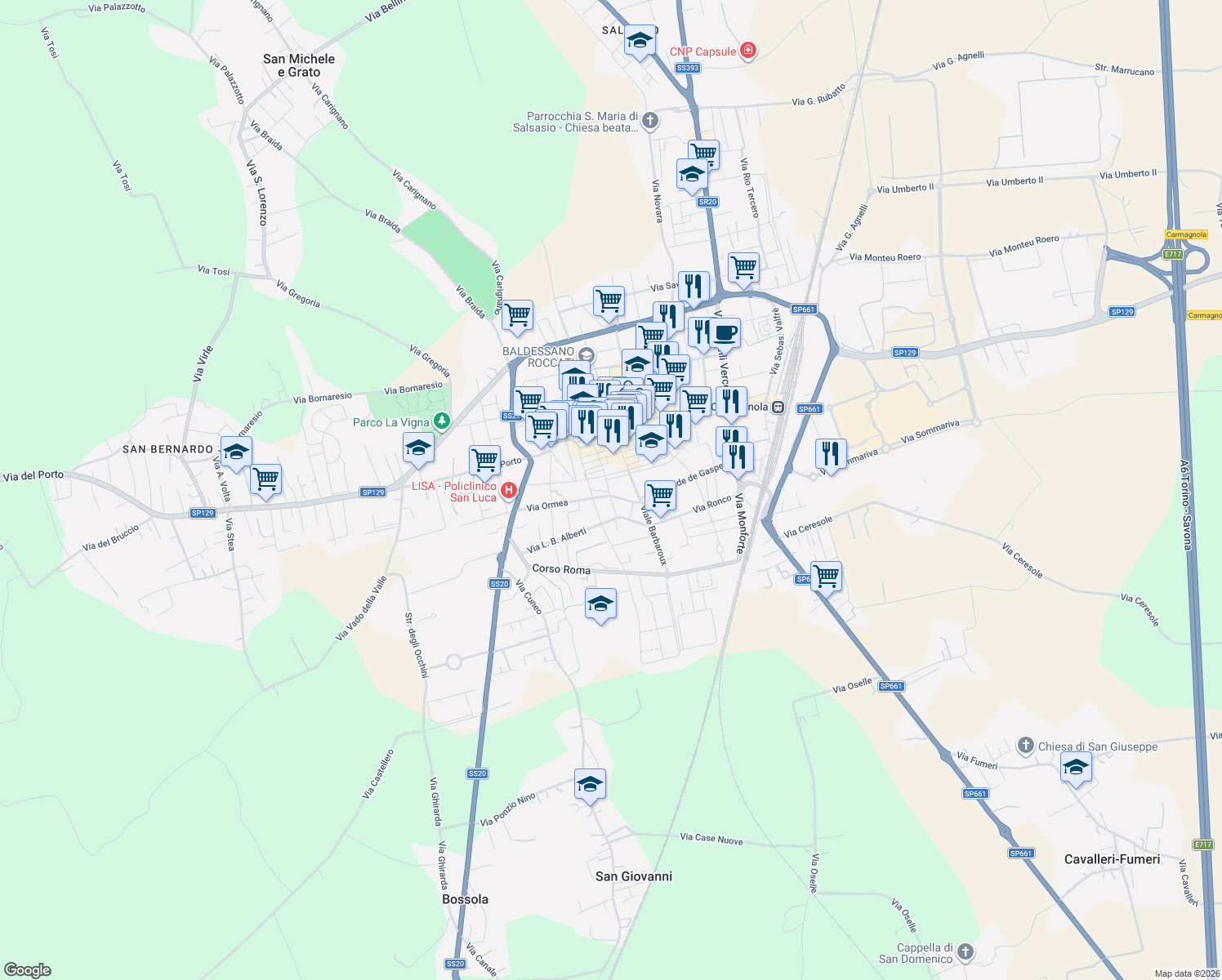 map of restaurants, bars, coffee shops, grocery stores, and more near 21 Via Guglielmo Baldessano in Carmagnola