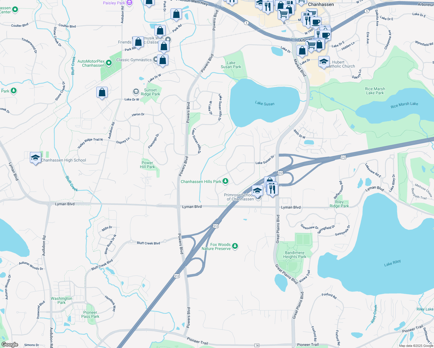 map of restaurants, bars, coffee shops, grocery stores, and more near 1020 Lake Susan Drive in Chanhassen