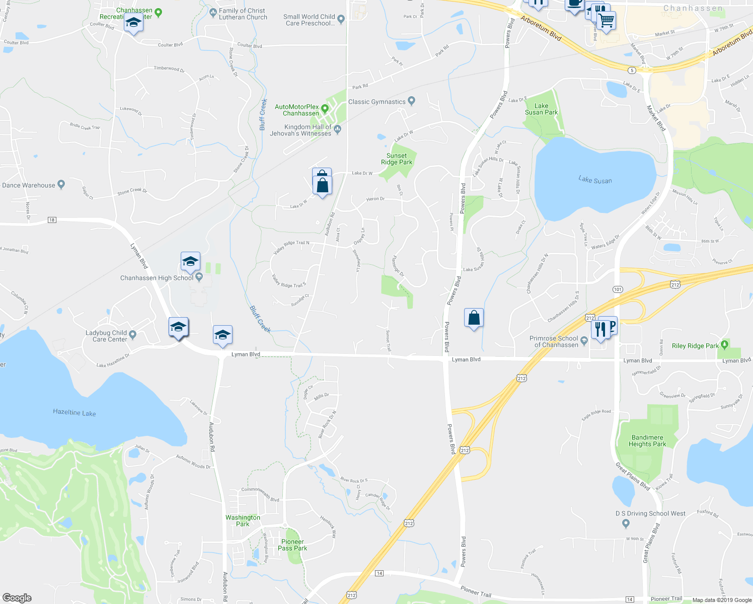 map of restaurants, bars, coffee shops, grocery stores, and more near 8750 Sunset Trail in Chanhassen