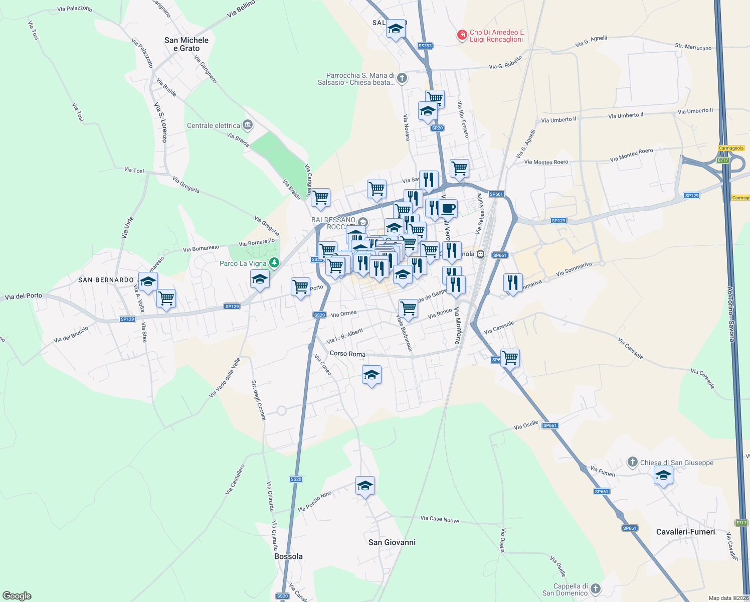 map of restaurants, bars, coffee shops, grocery stores, and more near 21 Via Baldessano in Carmagnola