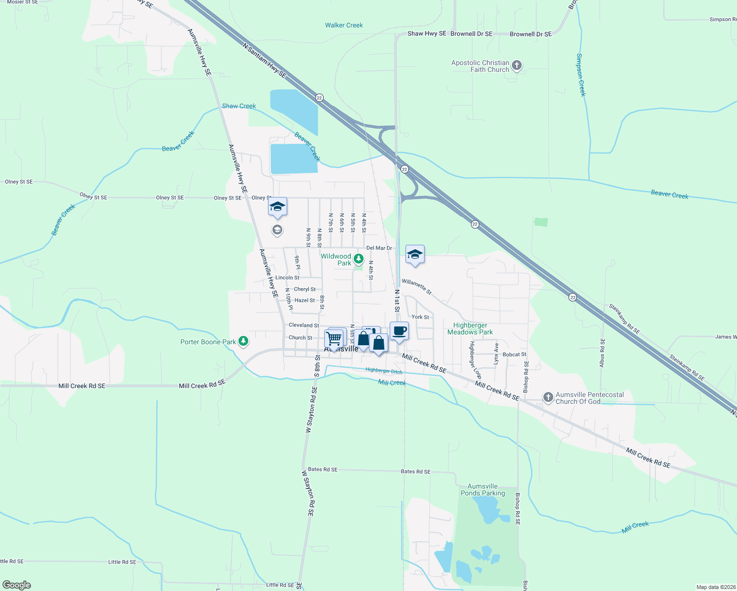 map of restaurants, bars, coffee shops, grocery stores, and more near 402 Clover Street in Aumsville