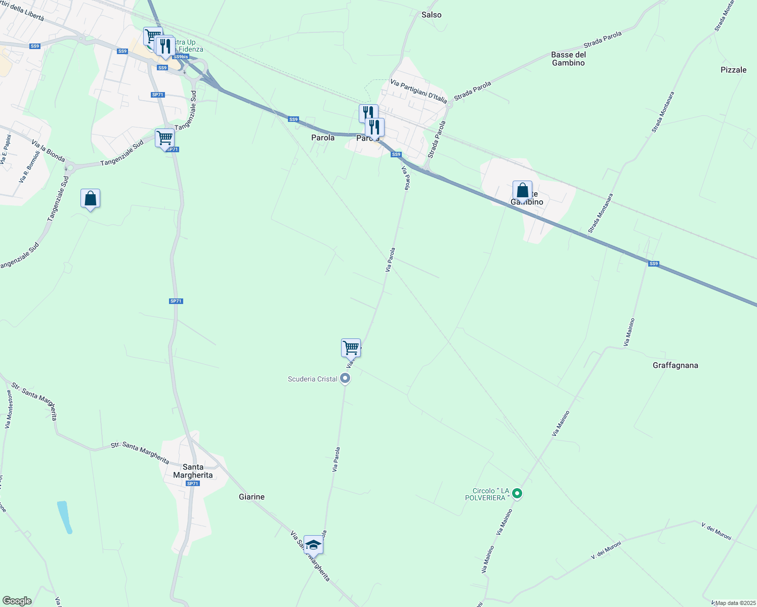 map of restaurants, bars, coffee shops, grocery stores, and more near Via Parola in Provincia di Parma