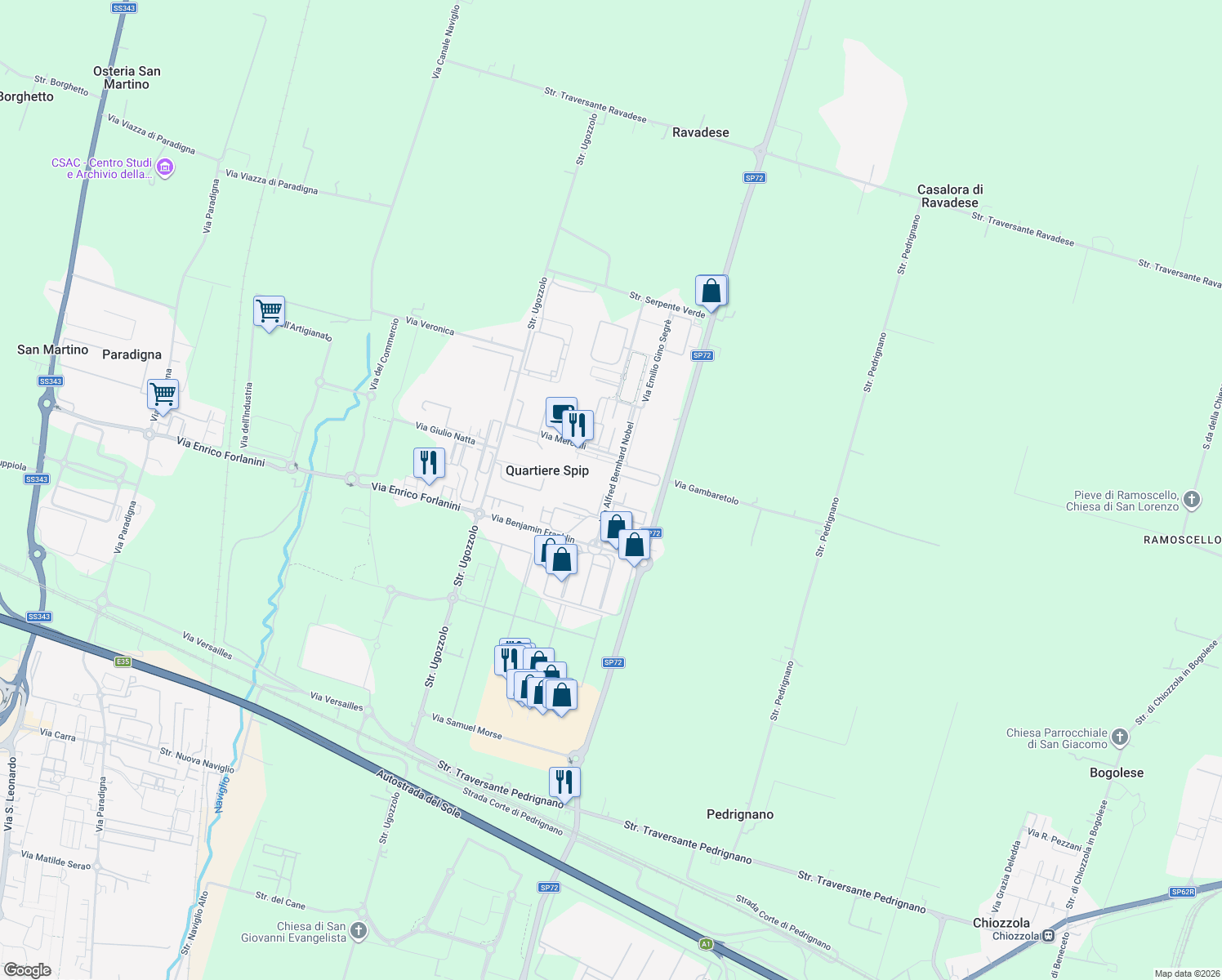 map of restaurants, bars, coffee shops, grocery stores, and more near 5a Via Alfred Bernhard Nobel in Quartiere Spip
