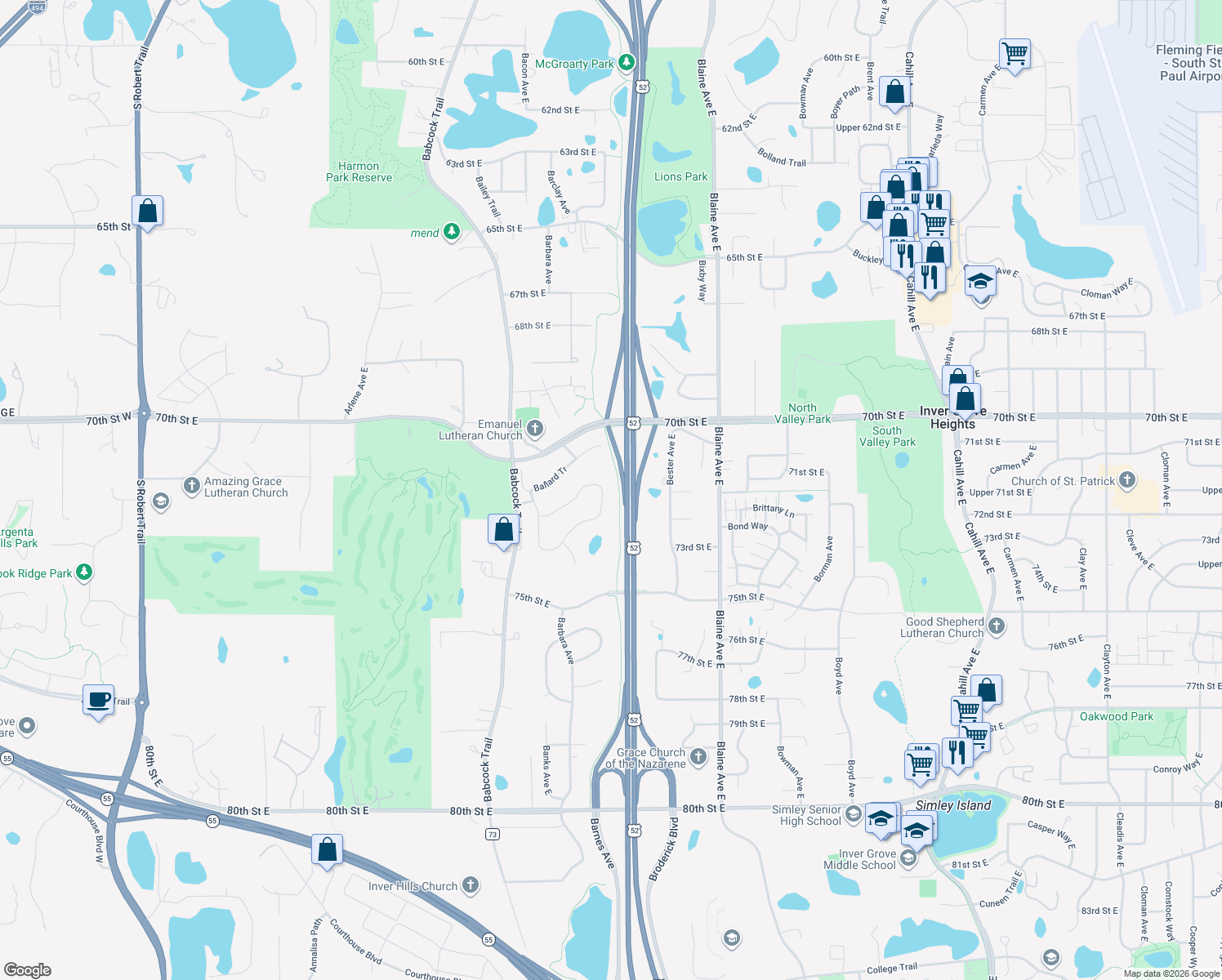 map of restaurants, bars, coffee shops, grocery stores, and more near 7284 Bancroft Way in Inver Grove Heights