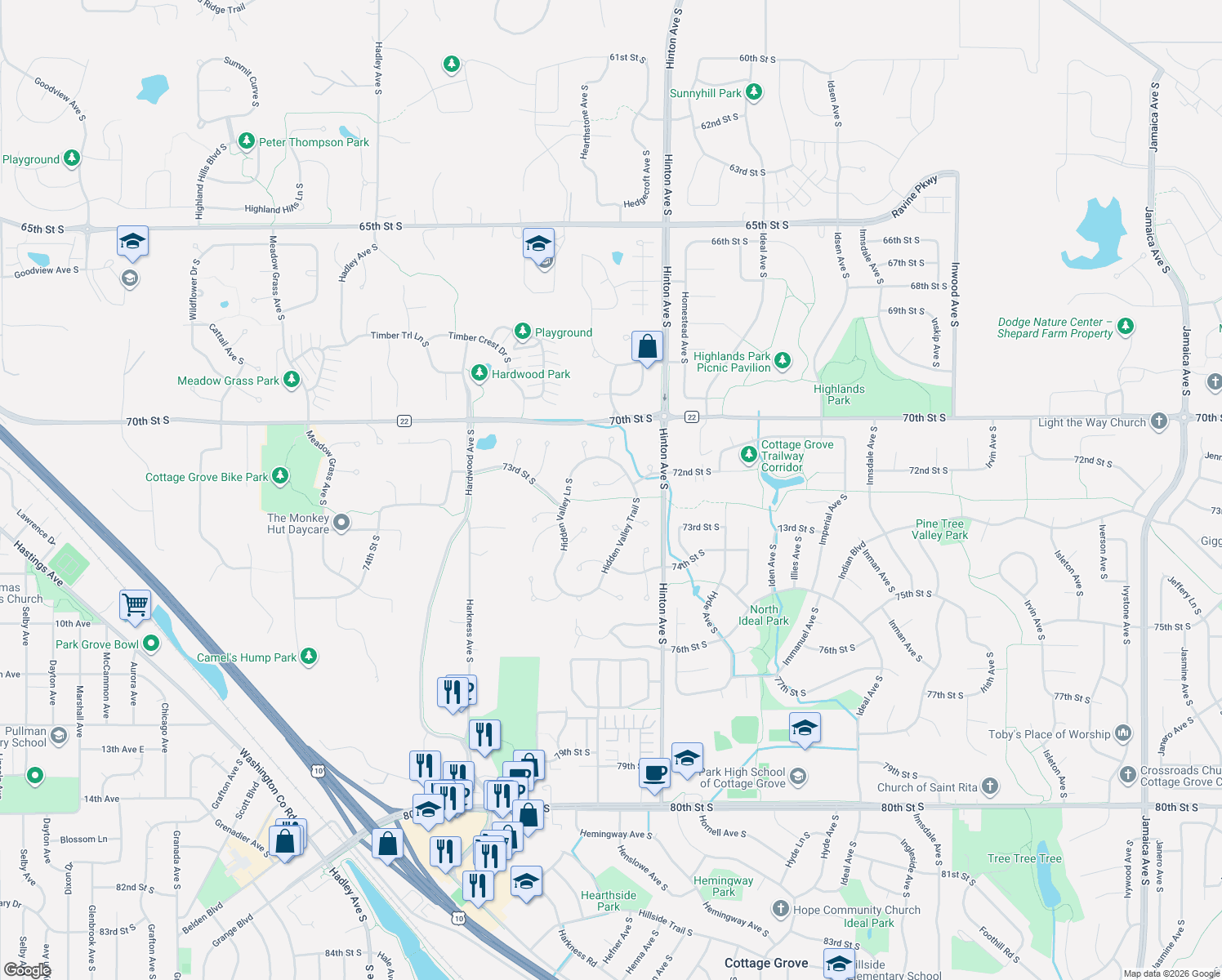 map of restaurants, bars, coffee shops, grocery stores, and more near 7657 72nd Street Court South in Cottage Grove