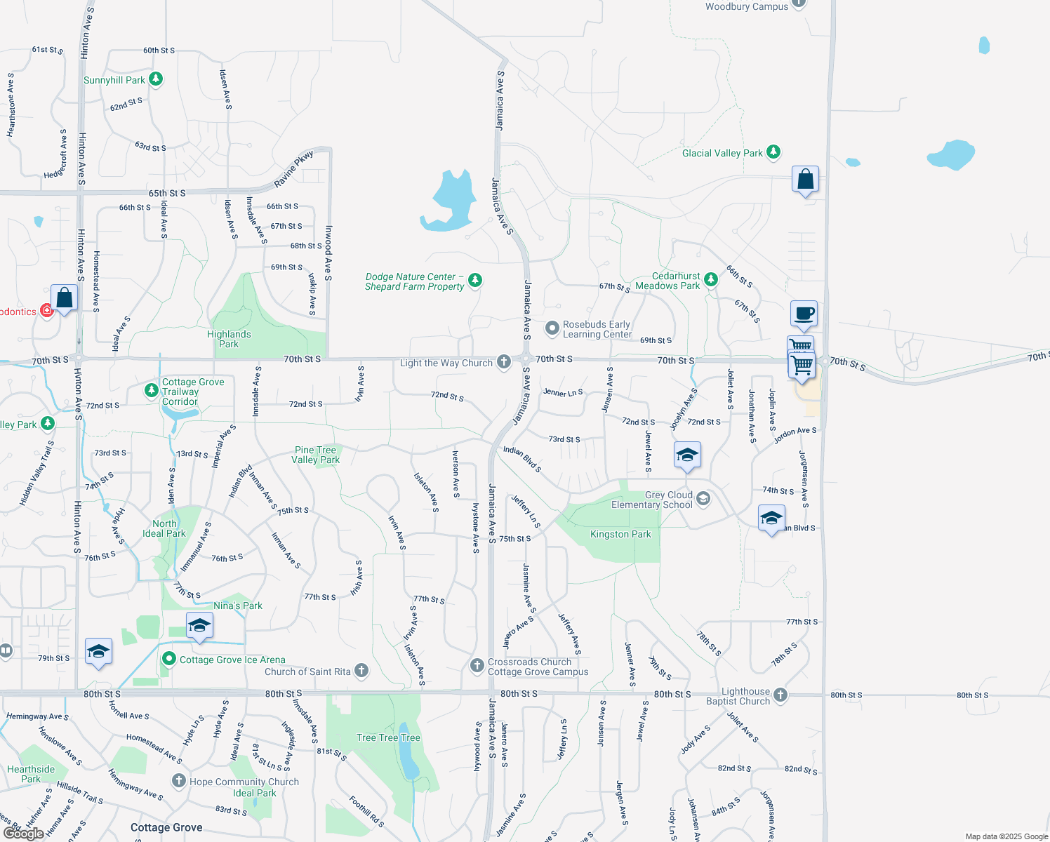 map of restaurants, bars, coffee shops, grocery stores, and more near 7296 Janero Avenue South in Cottage Grove