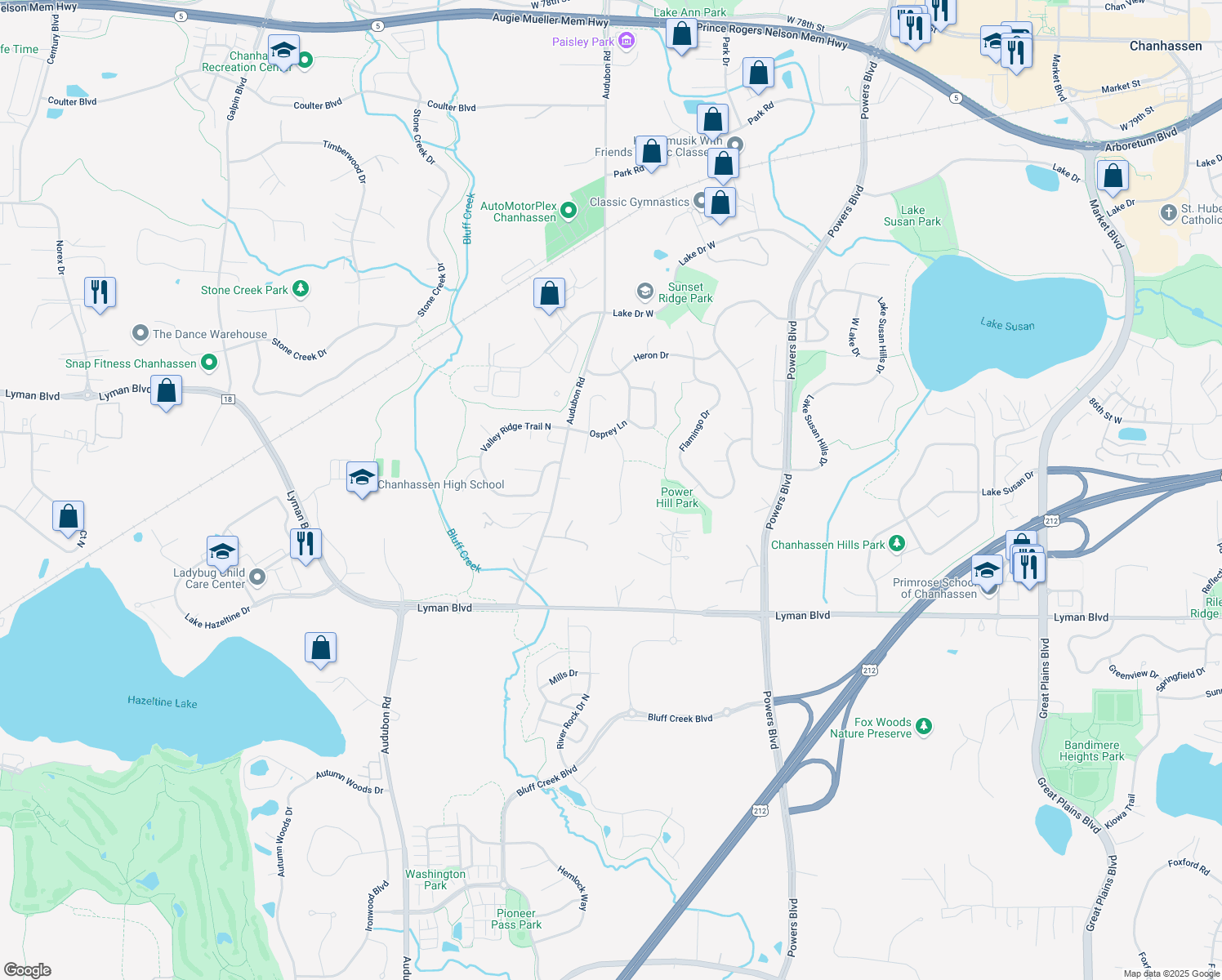 map of restaurants, bars, coffee shops, grocery stores, and more near 8726 Stonefield Ln in Chanhassen