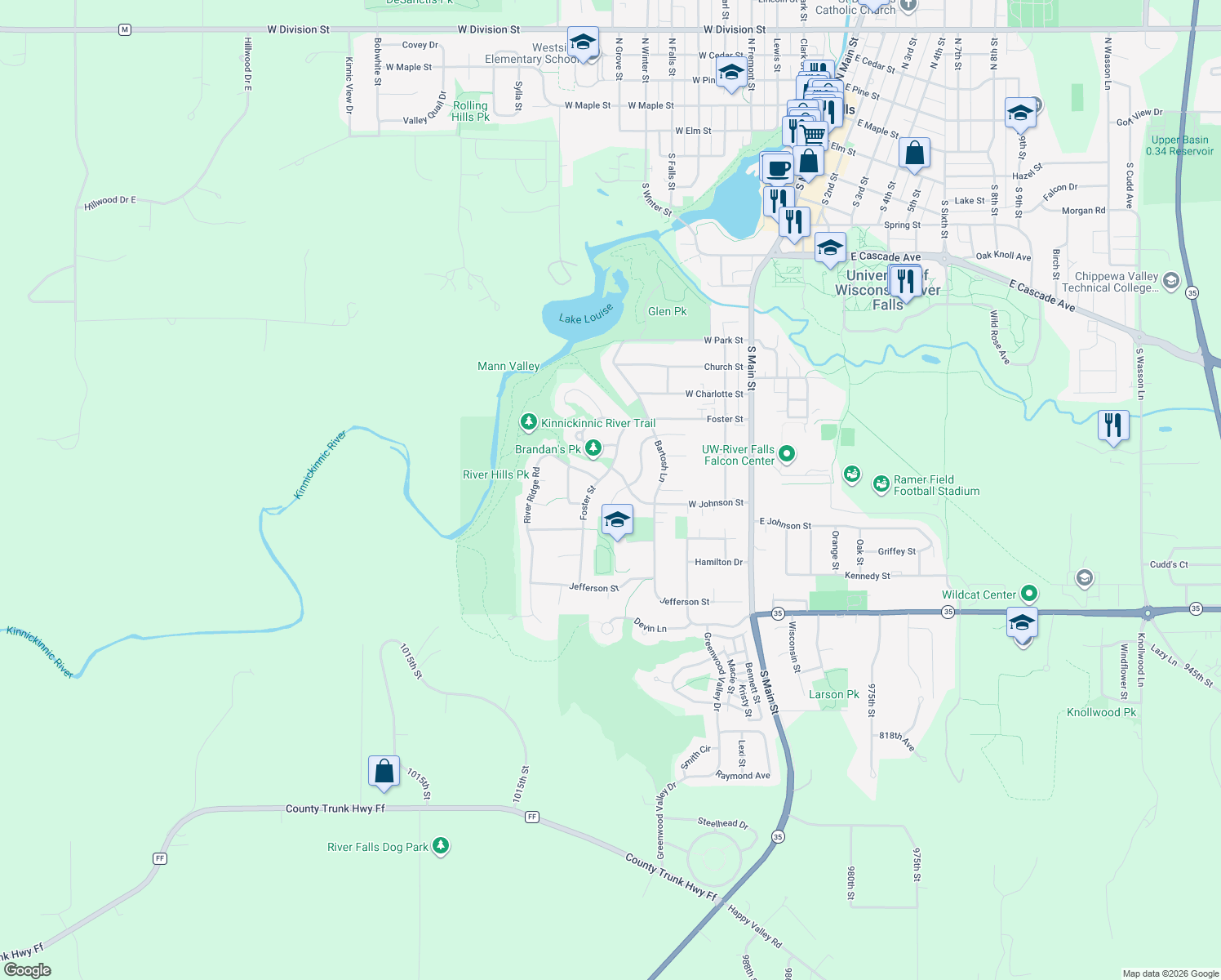 map of restaurants, bars, coffee shops, grocery stores, and more near 717 High Ridge Rd in River Falls