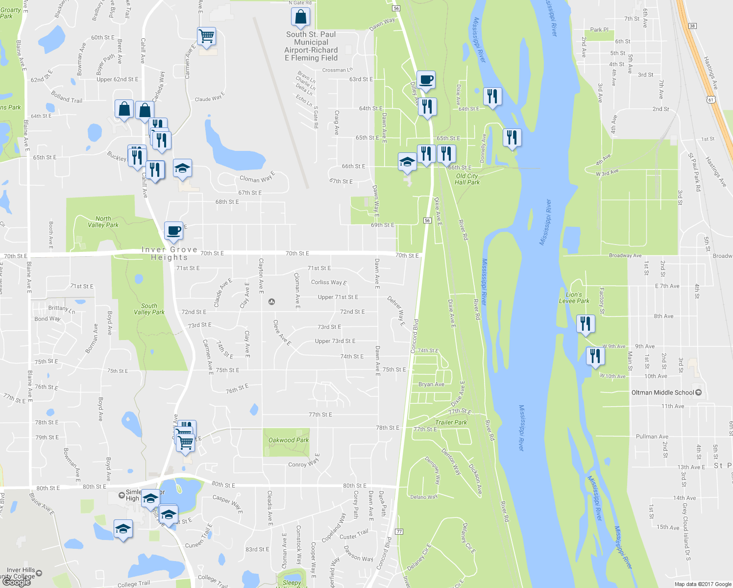 map of restaurants, bars, coffee shops, grocery stores, and more near 3953 Upper 71st Street East in Inver Grove Heights