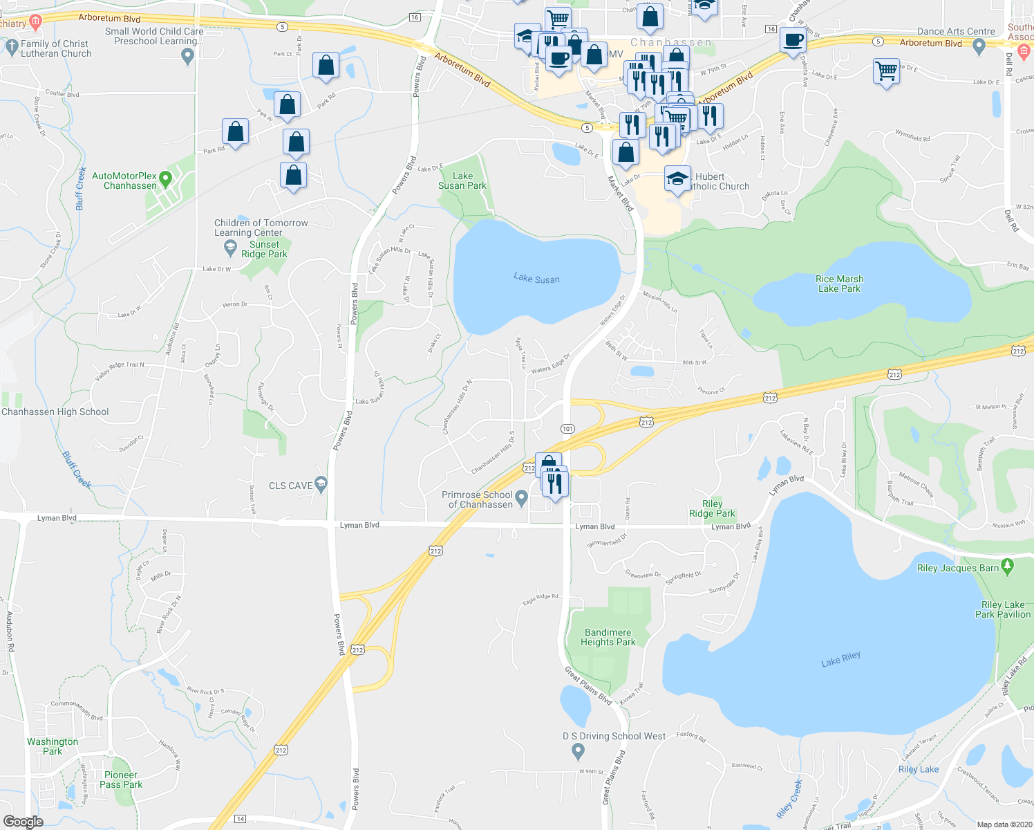 map of restaurants, bars, coffee shops, grocery stores, and more near 8715 Chanhassen Hills Drive North in Chanhassen