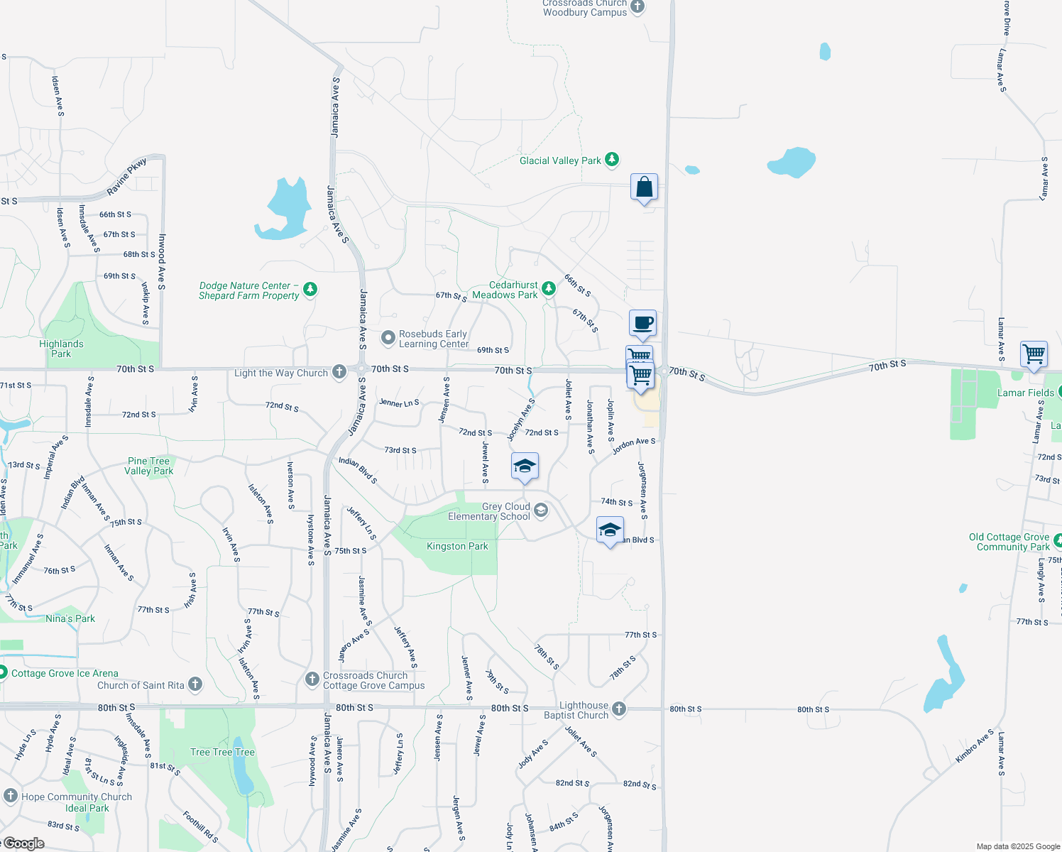 map of restaurants, bars, coffee shops, grocery stores, and more near 9576 72nd Street South in Cottage Grove
