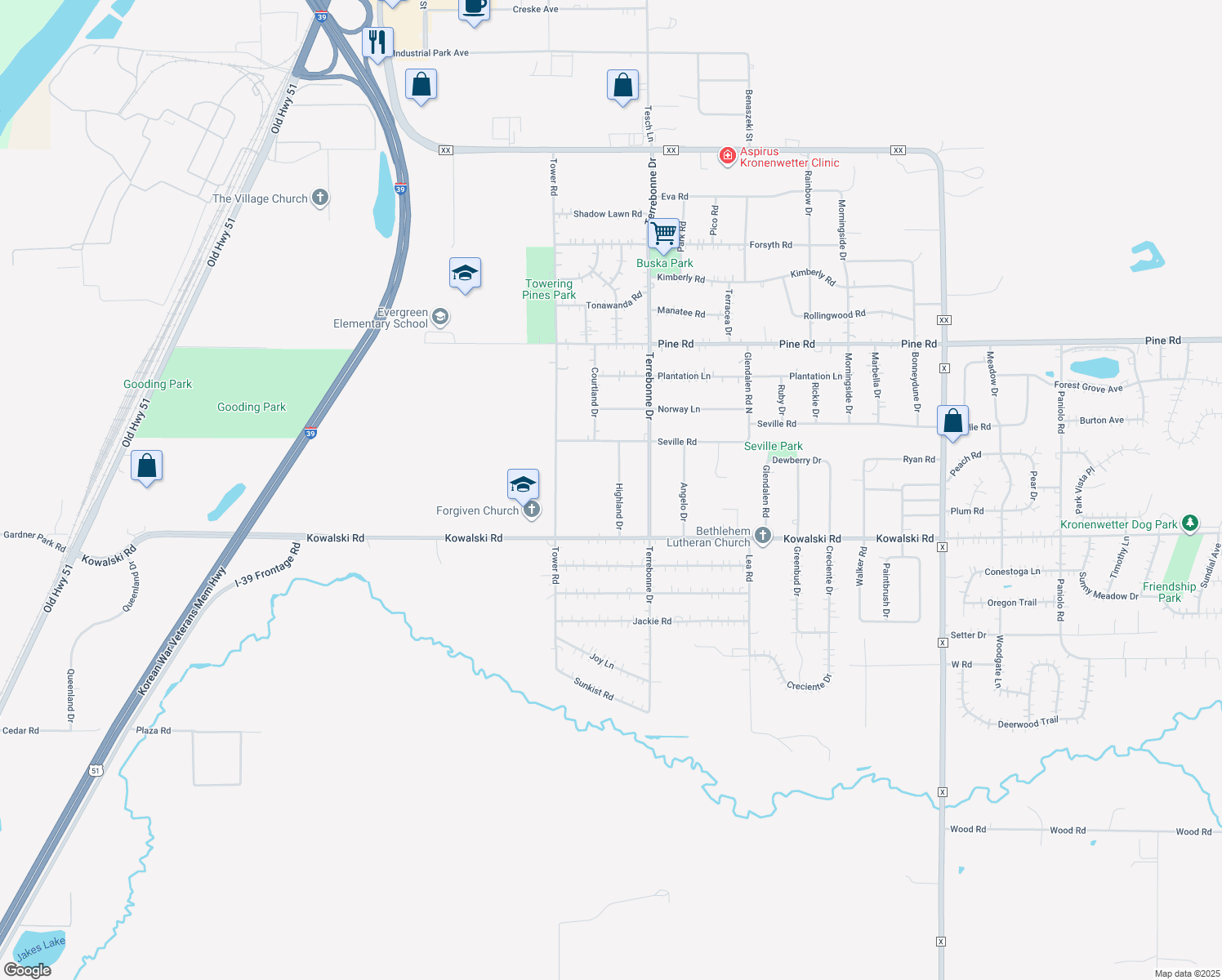 map of restaurants, bars, coffee shops, grocery stores, and more near 2131 Highland Dr in Mosinee