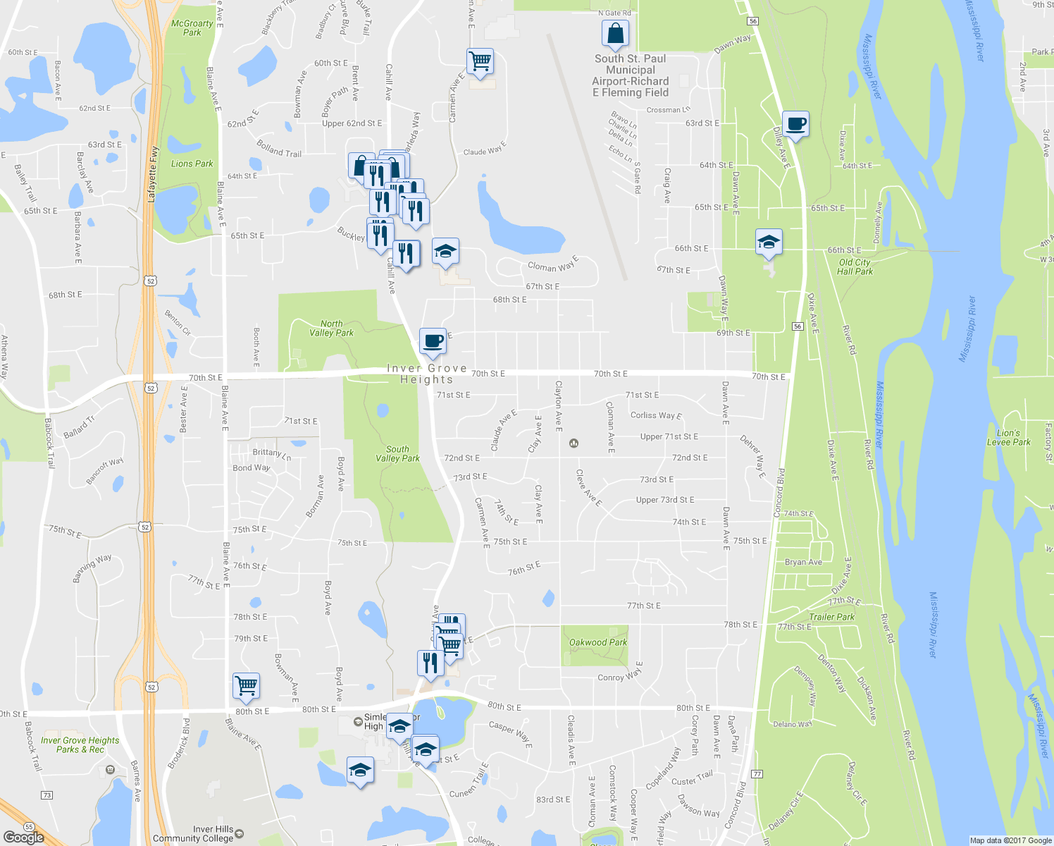 map of restaurants, bars, coffee shops, grocery stores, and more near 7143-7151 Clay Avenue East in Inver Grove Heights