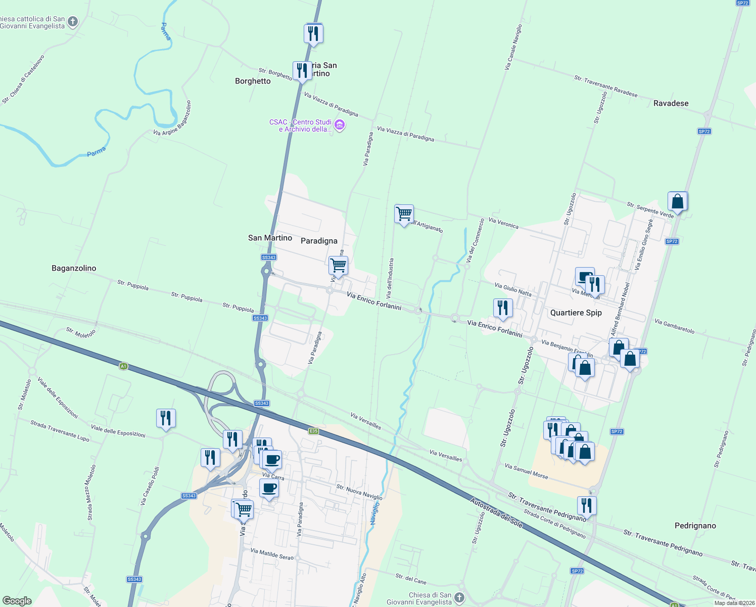 map of restaurants, bars, coffee shops, grocery stores, and more near 3 Via Giuseppe Moruzzi in Provincia di Parma