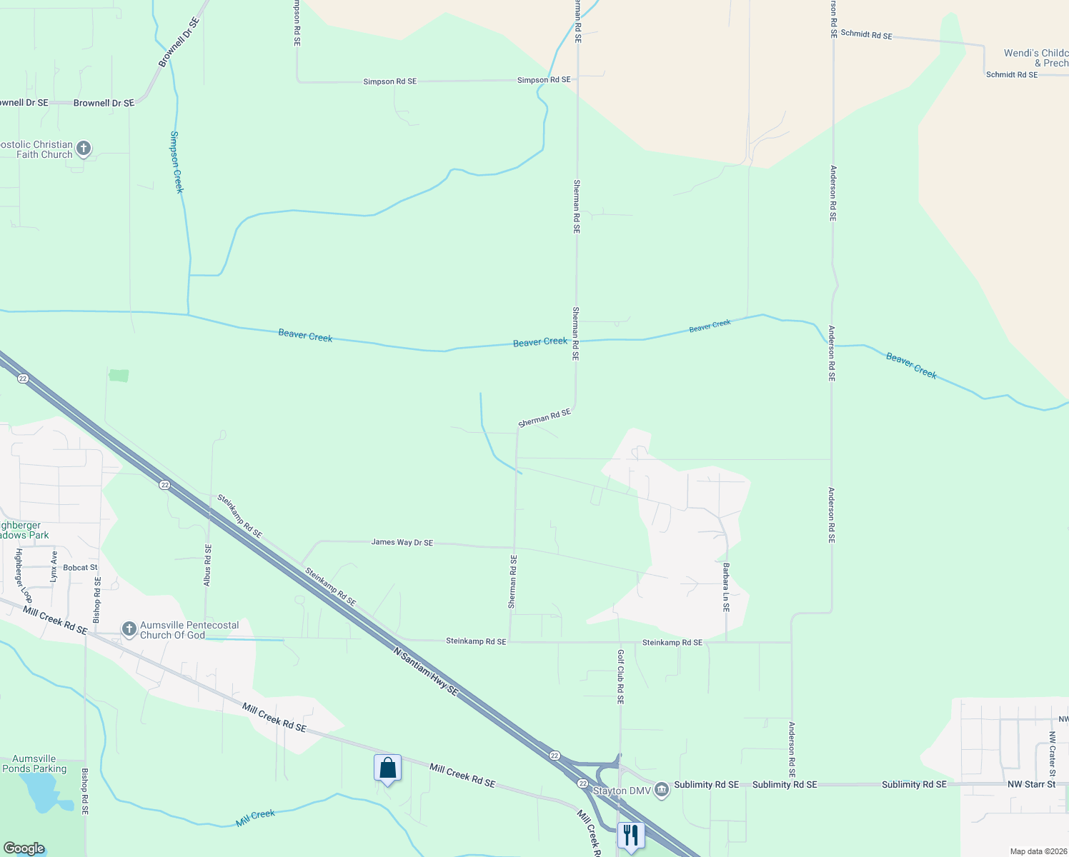 map of restaurants, bars, coffee shops, grocery stores, and more near 7490 Sherman Road Southeast in Aumsville
