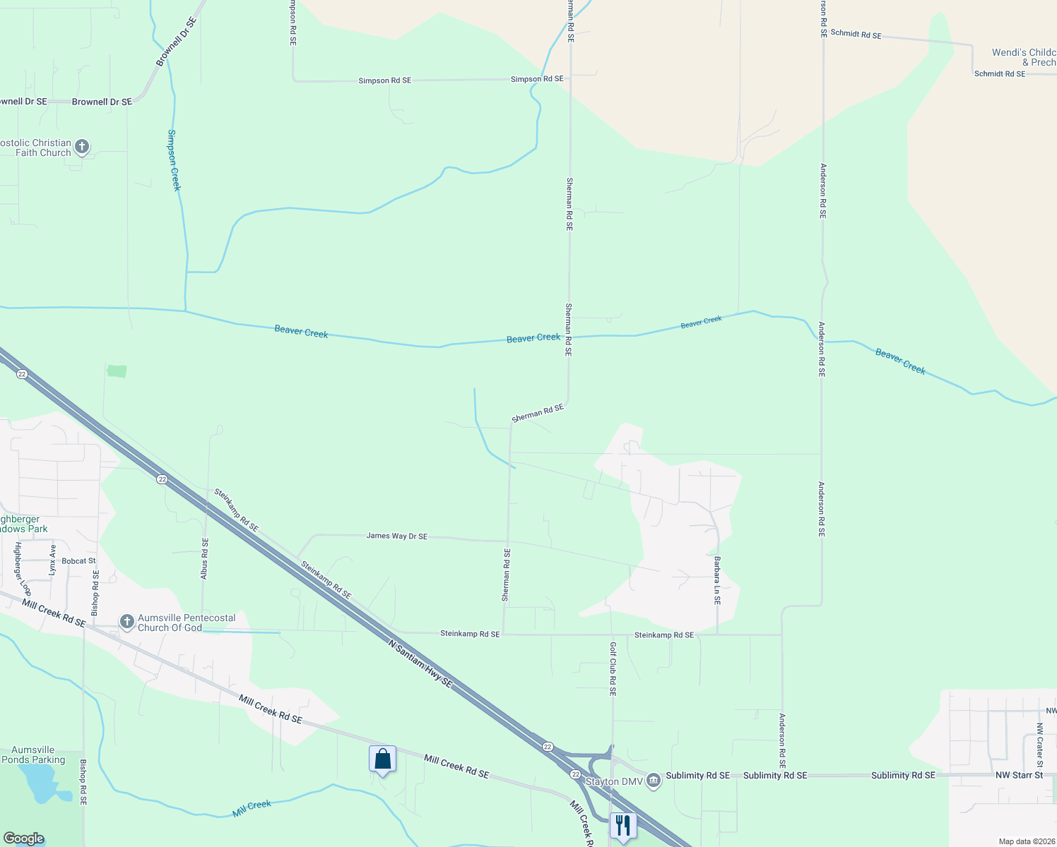map of restaurants, bars, coffee shops, grocery stores, and more near 7490 Sherman Road Southeast in Aumsville