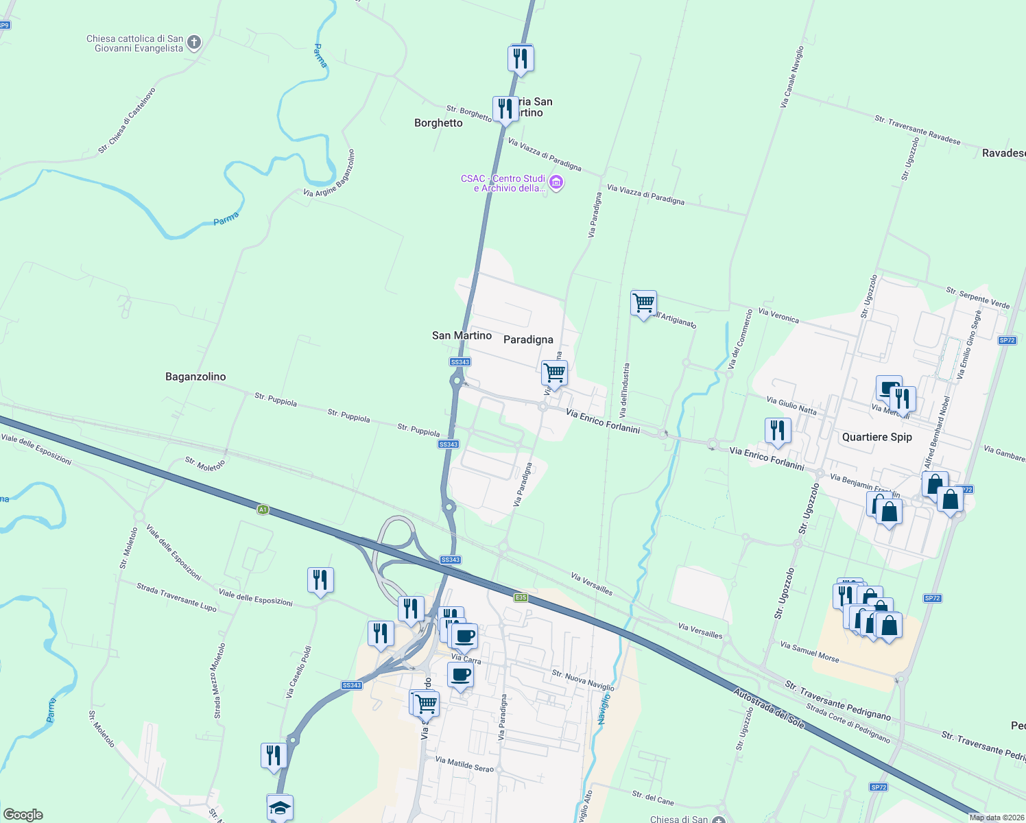 map of restaurants, bars, coffee shops, grocery stores, and more near 9 Via Enrico Forlanini in Parma
