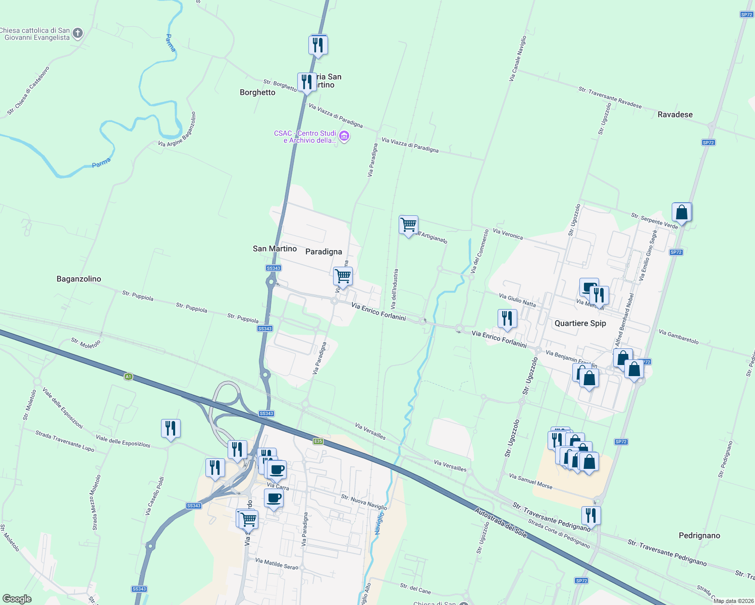 map of restaurants, bars, coffee shops, grocery stores, and more near 3 Via Giuseppe Moruzzi in Provincia di Parma