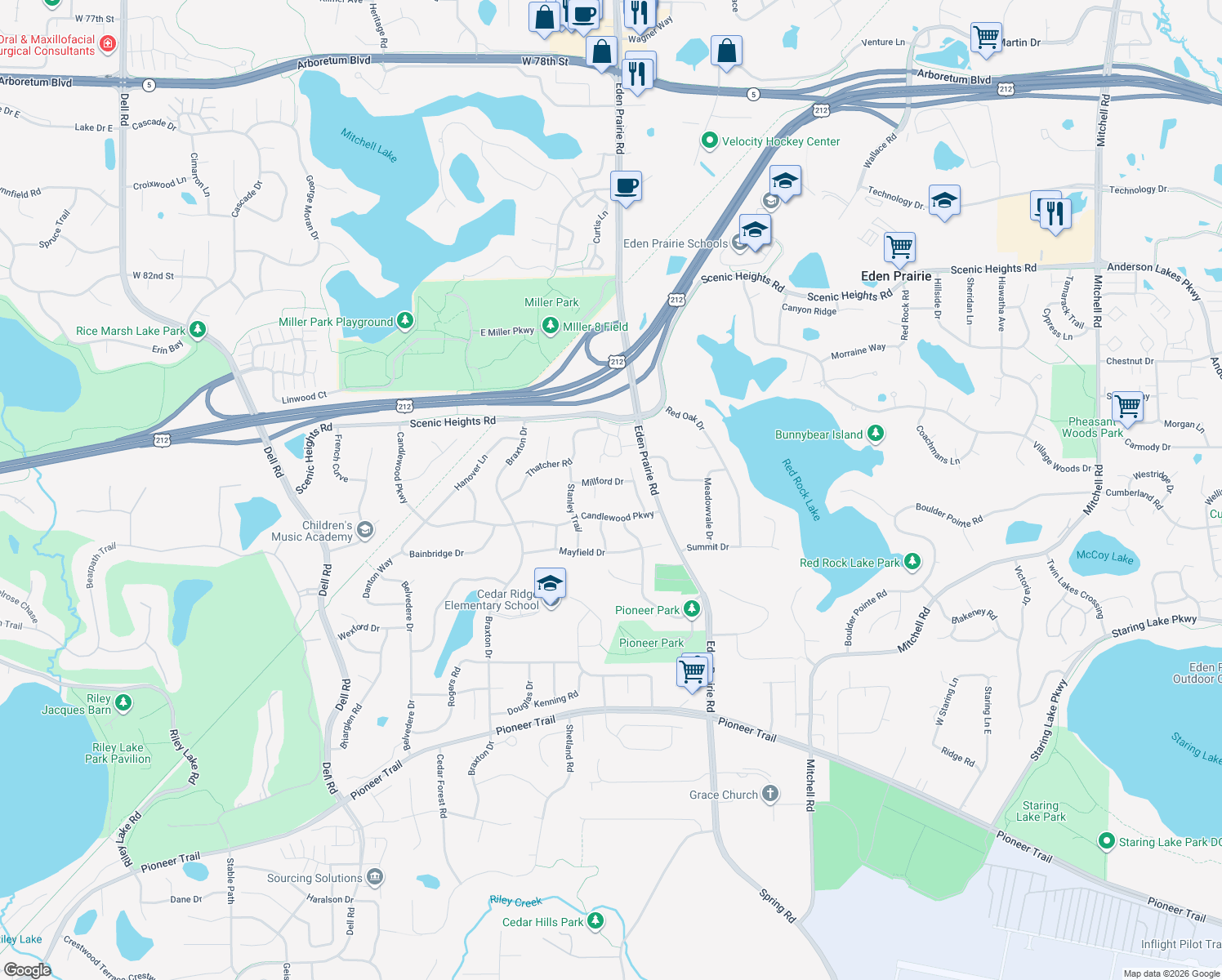 map of restaurants, bars, coffee shops, grocery stores, and more near 16369 Millford Drive in Eden Prairie